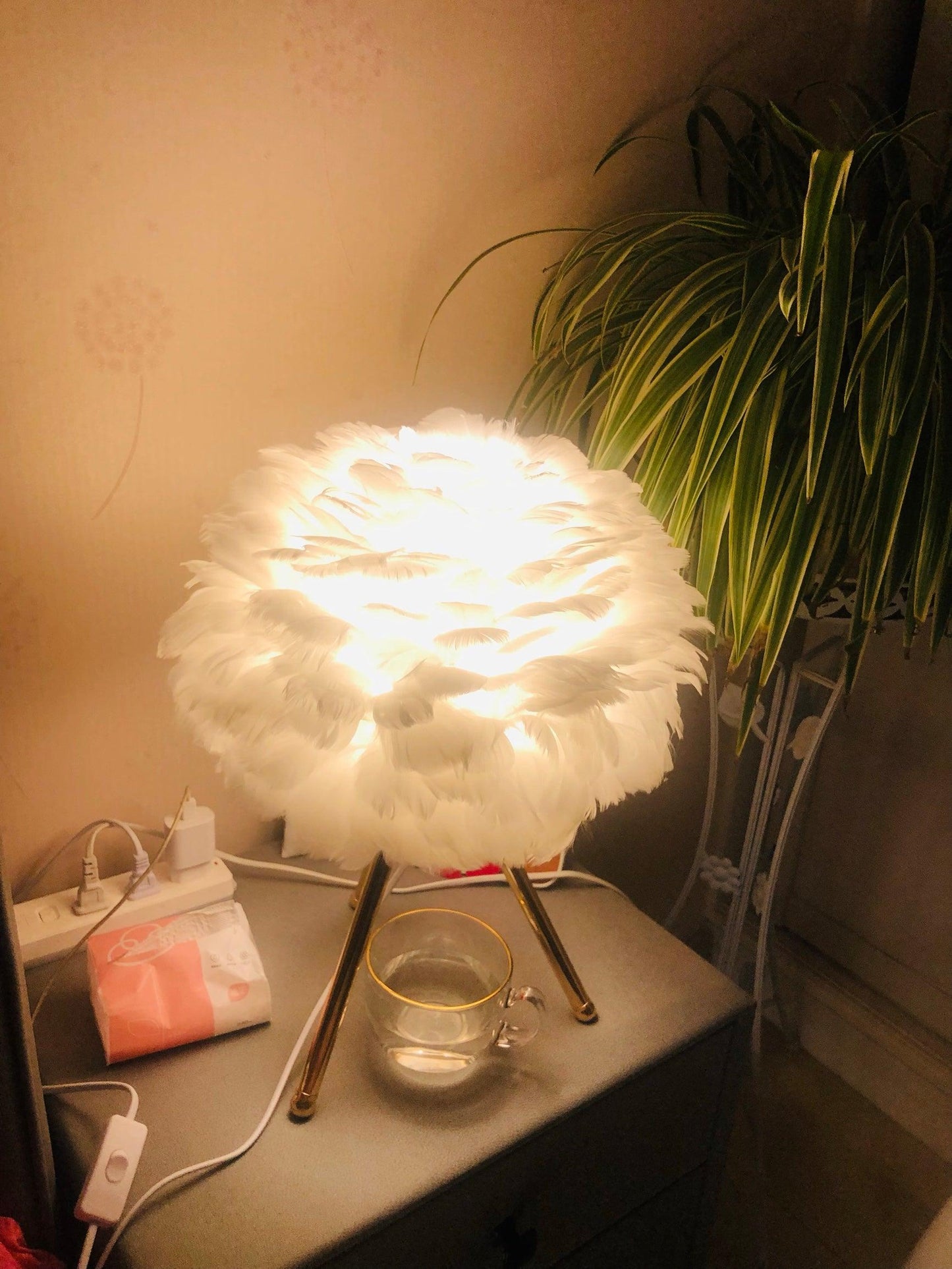 Goose Feather Table Lamp | Metal Base | Pink, White, Gray
