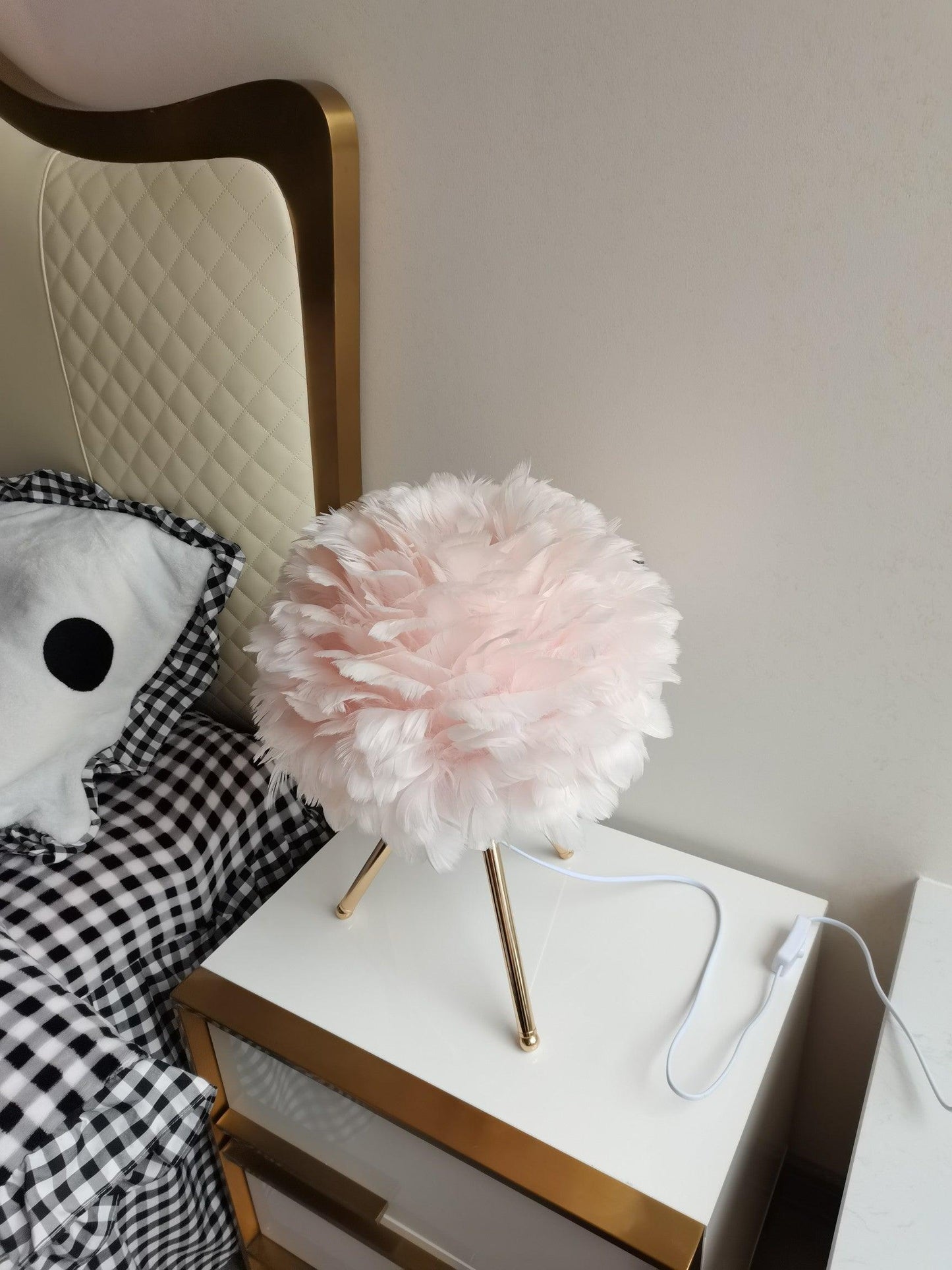 Goose Feather Table Lamp | Metal Base | Pink, White, Gray