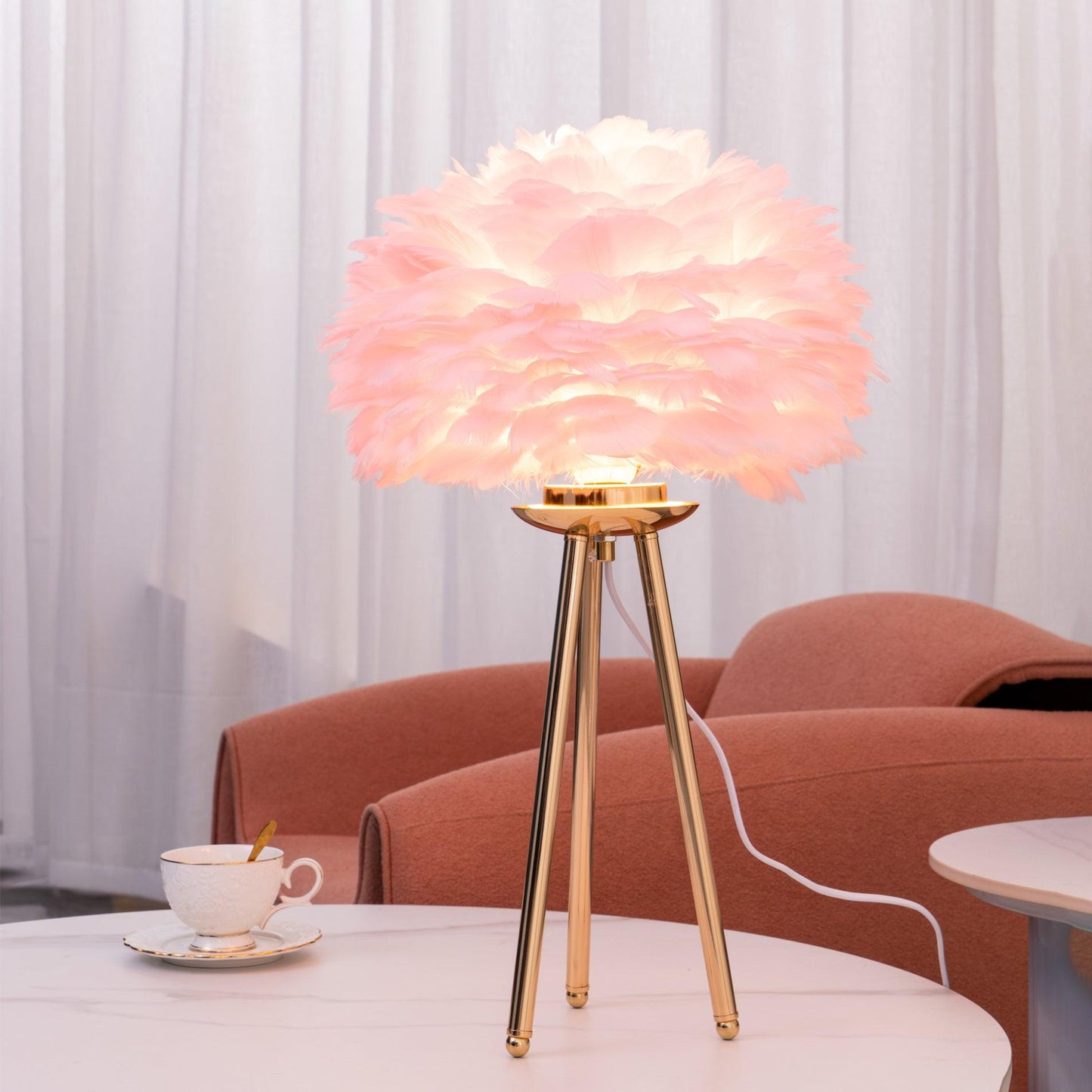 Goose Feather Table Lamp | Metal Base | Pink, White, Gray