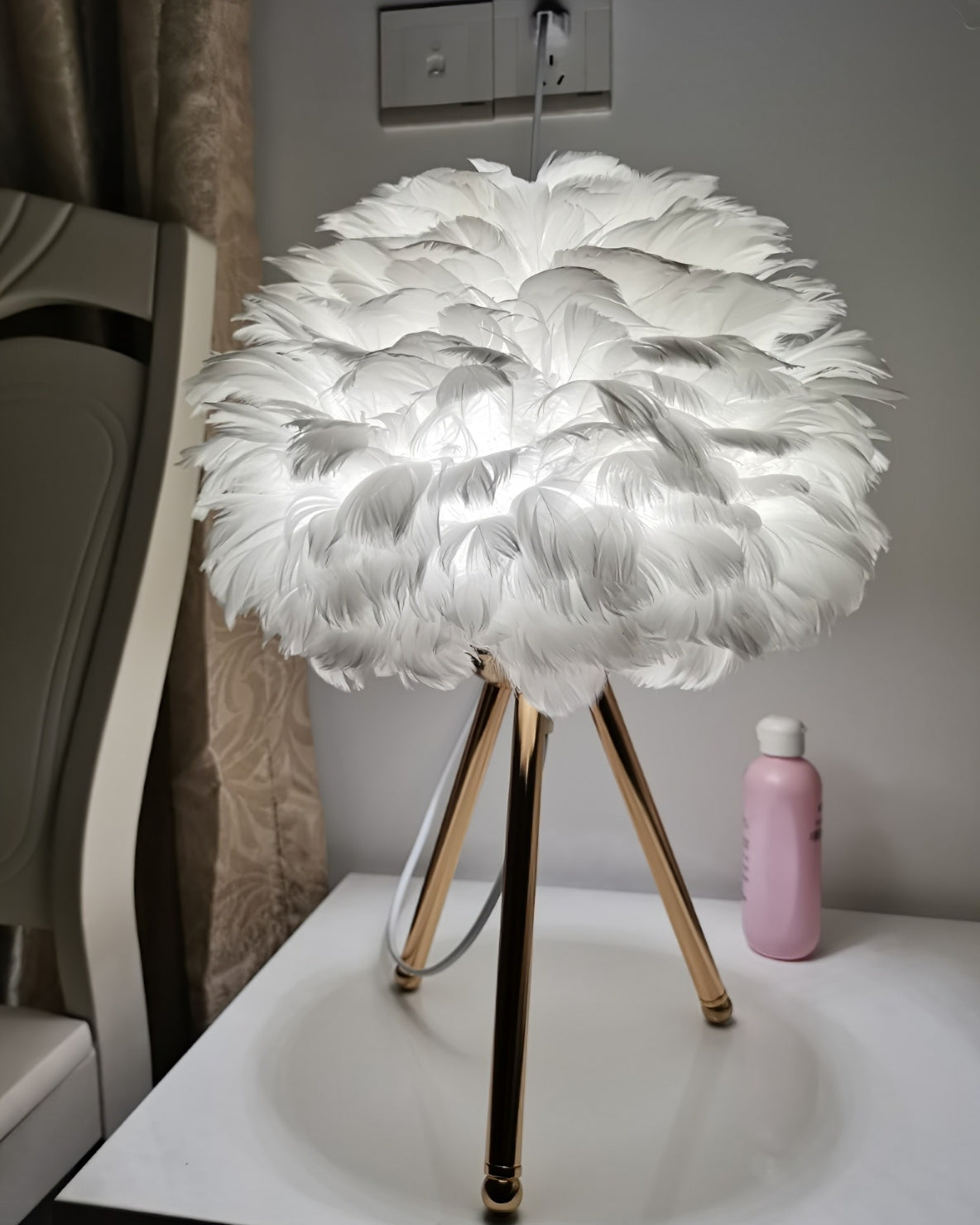Goose Feather Table Lamp | Metal Base | Pink, White, Gray