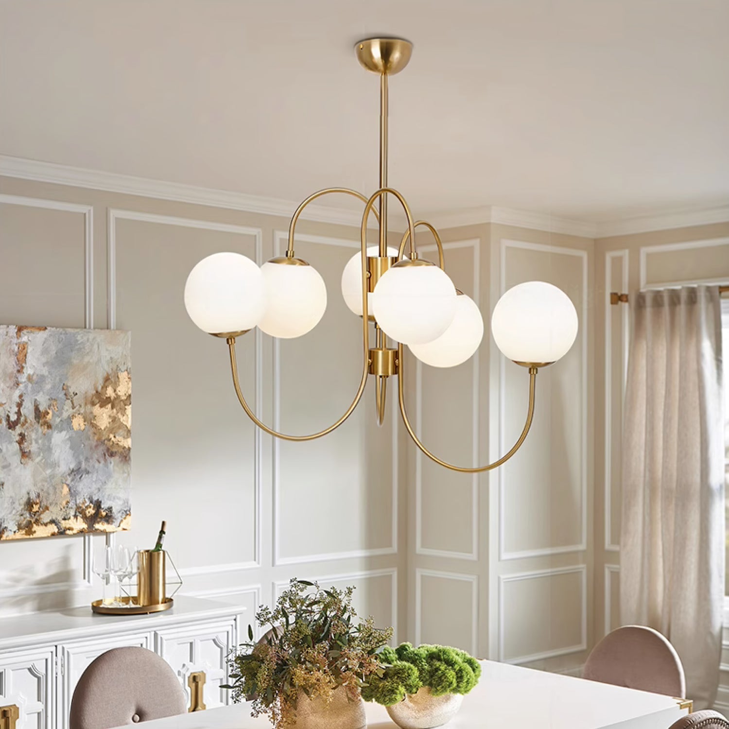 Gooseneck Chandelier | Salt-Blasted Glass Globes | Gold and Black