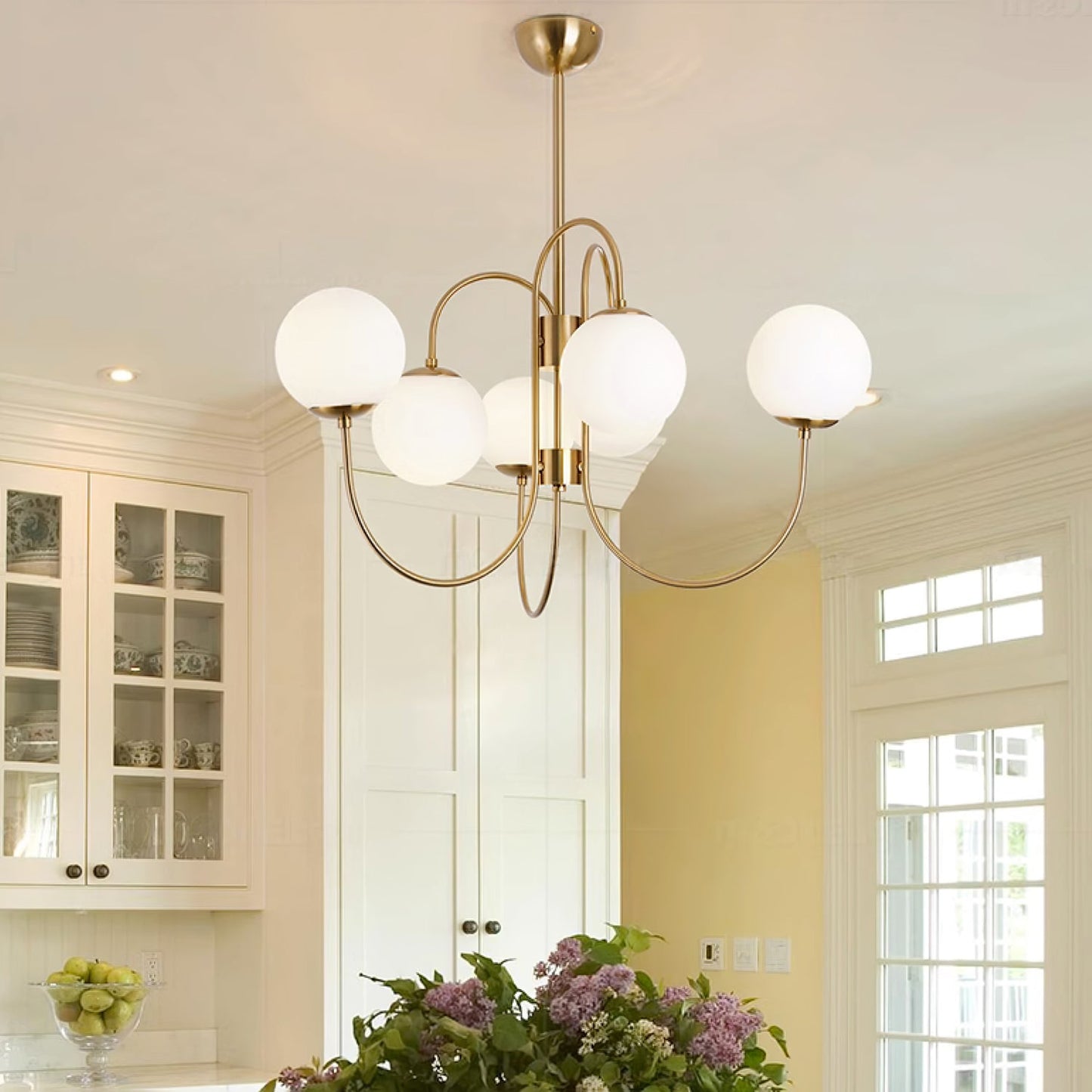 Gooseneck Chandelier | Salt-Blasted Glass Globes | Gold and Black