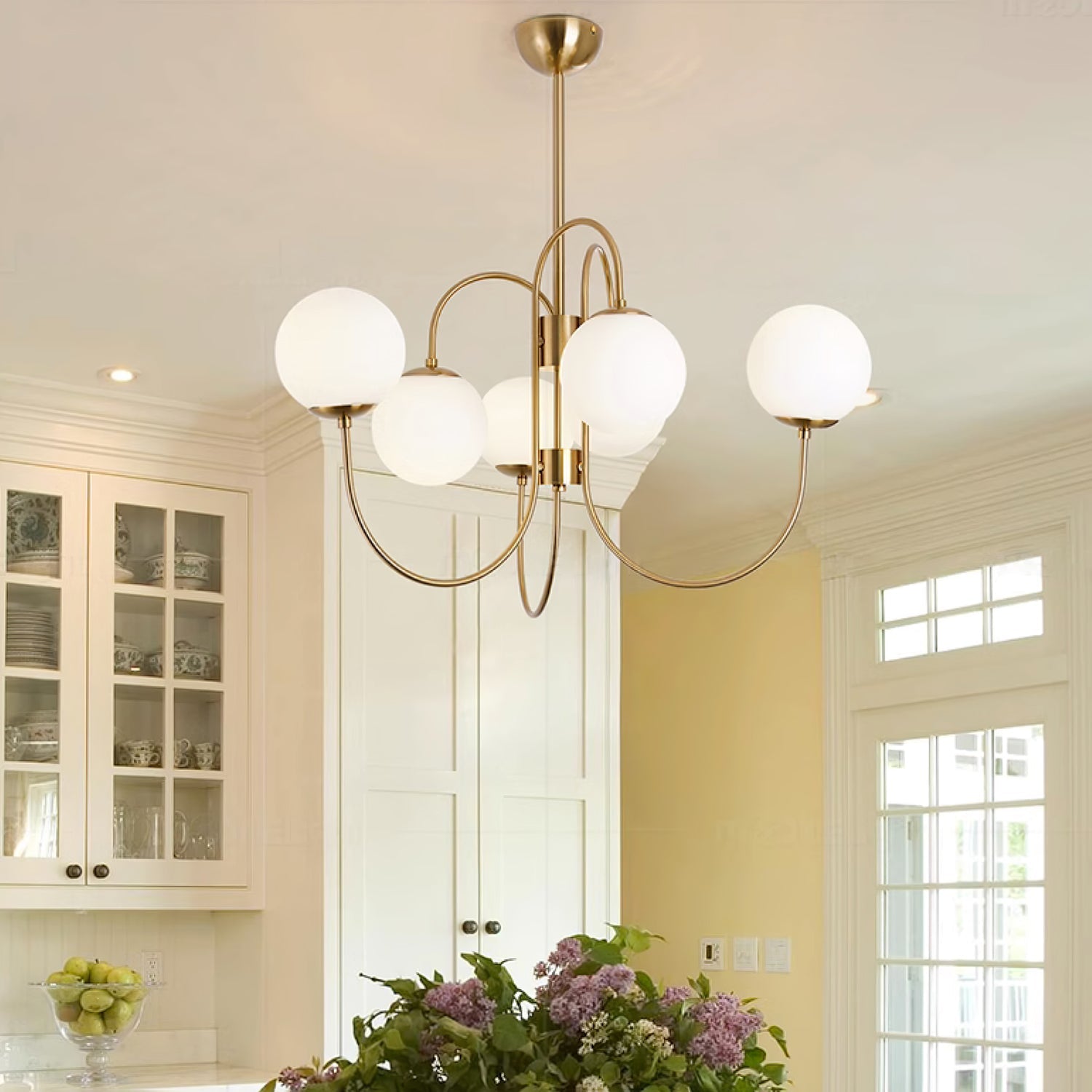 Gooseneck Chandelier | Salt-Blasted Glass Globes | Gold and Black