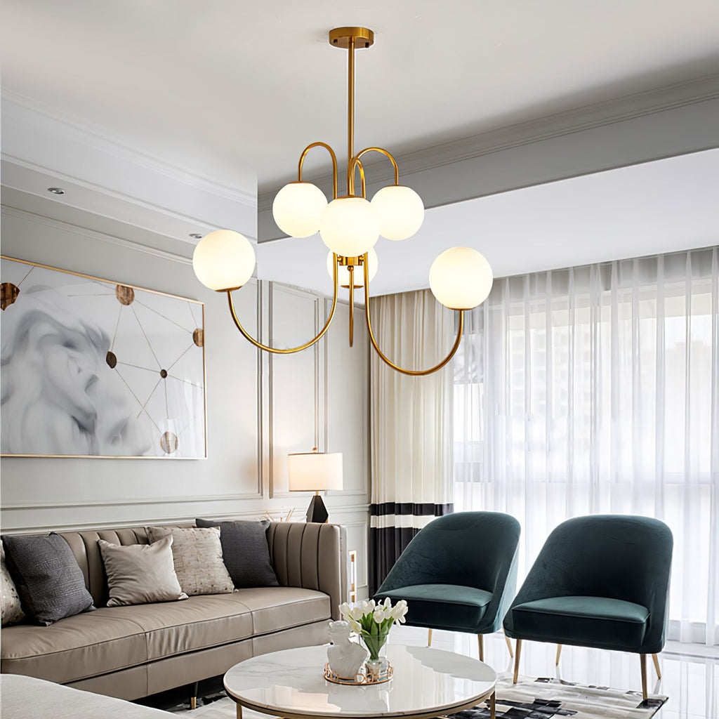 Gooseneck Chandelier | Salt-Blasted Glass Globes | Gold and Black