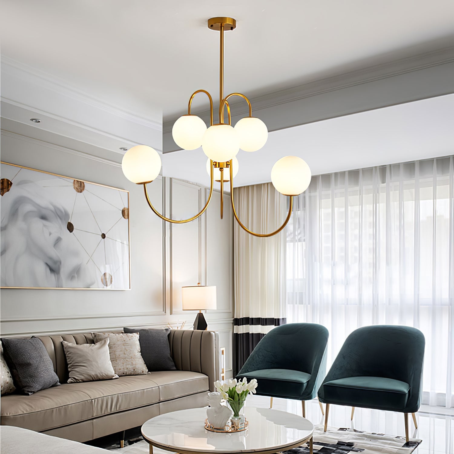 Gooseneck Chandelier | Salt-Blasted Glass Globes | Gold and Black