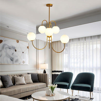 Gooseneck Chandelier | Salt-Blasted Glass Globes | Gold and Black