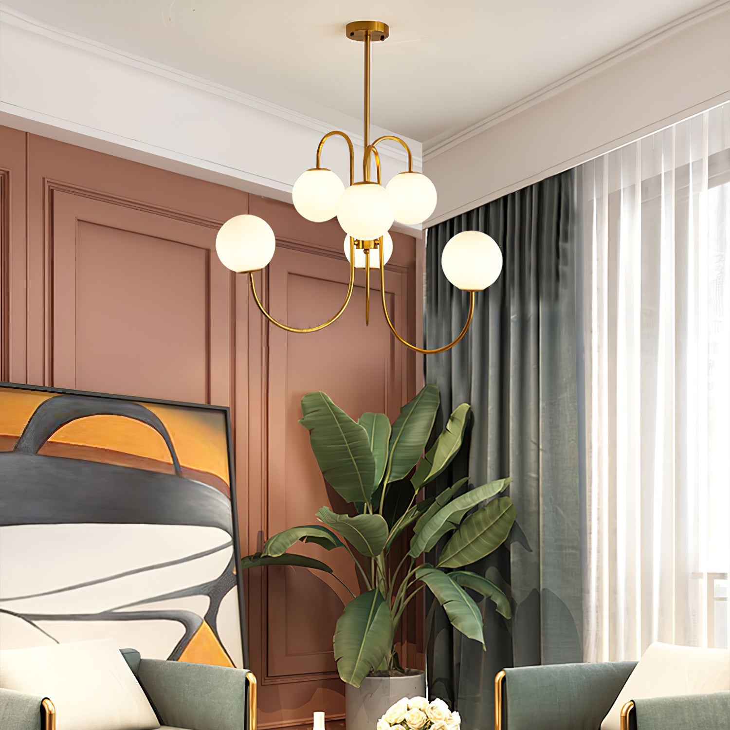 Gooseneck Chandelier | Salt-Blasted Glass Globes | Gold and Black