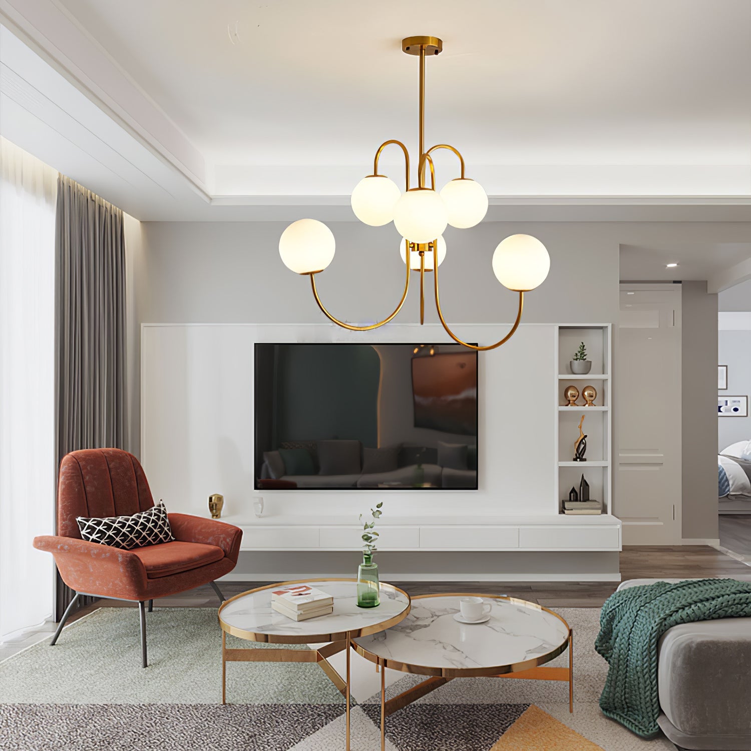 Gooseneck Chandelier | Salt-Blasted Glass Globes | Gold and Black