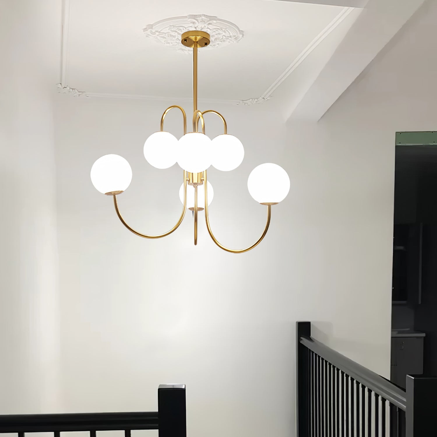 Gooseneck Chandelier | Salt-Blasted Glass Globes | Gold and Black