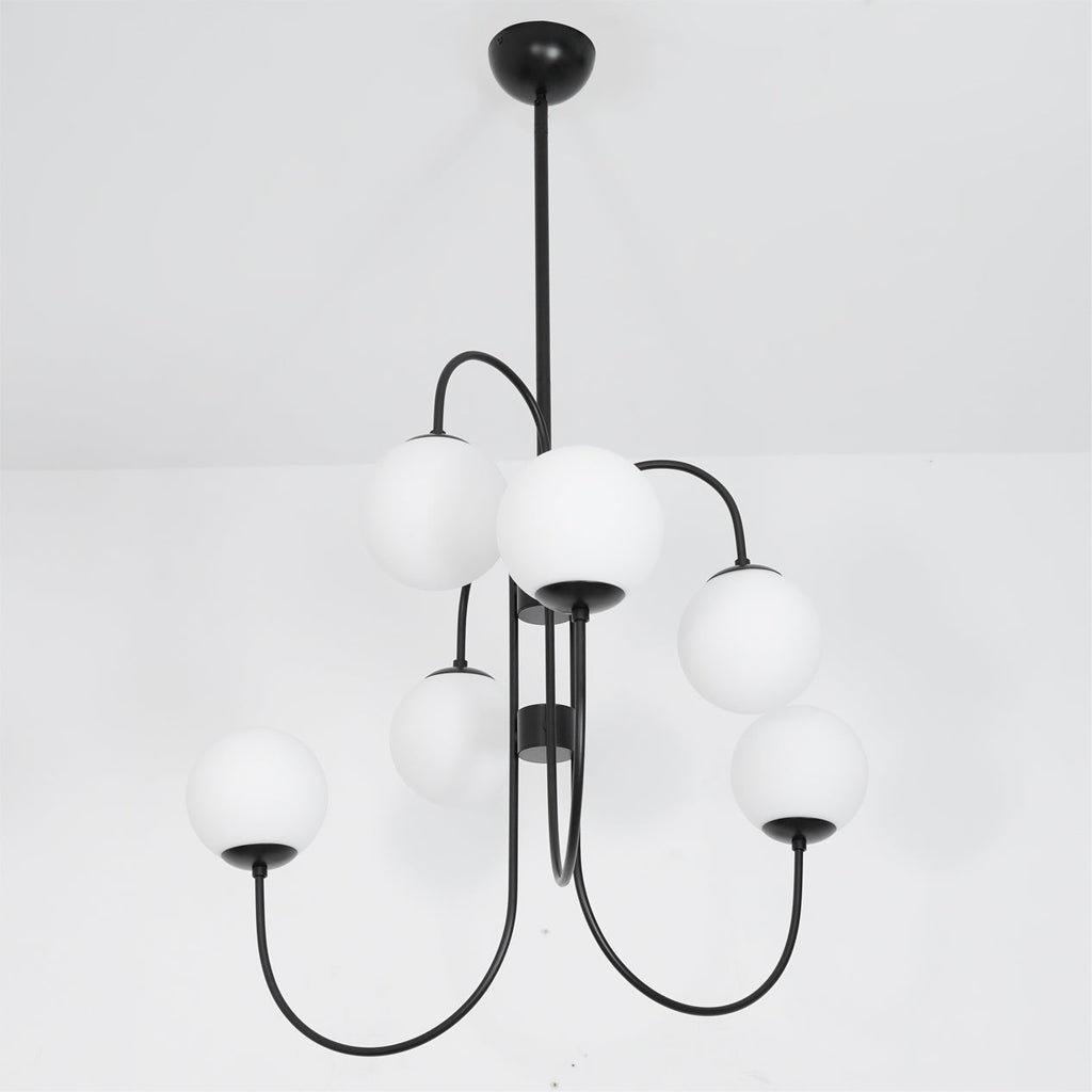 Gooseneck Chandelier | Salt-Blasted Glass Globes | Gold and Black