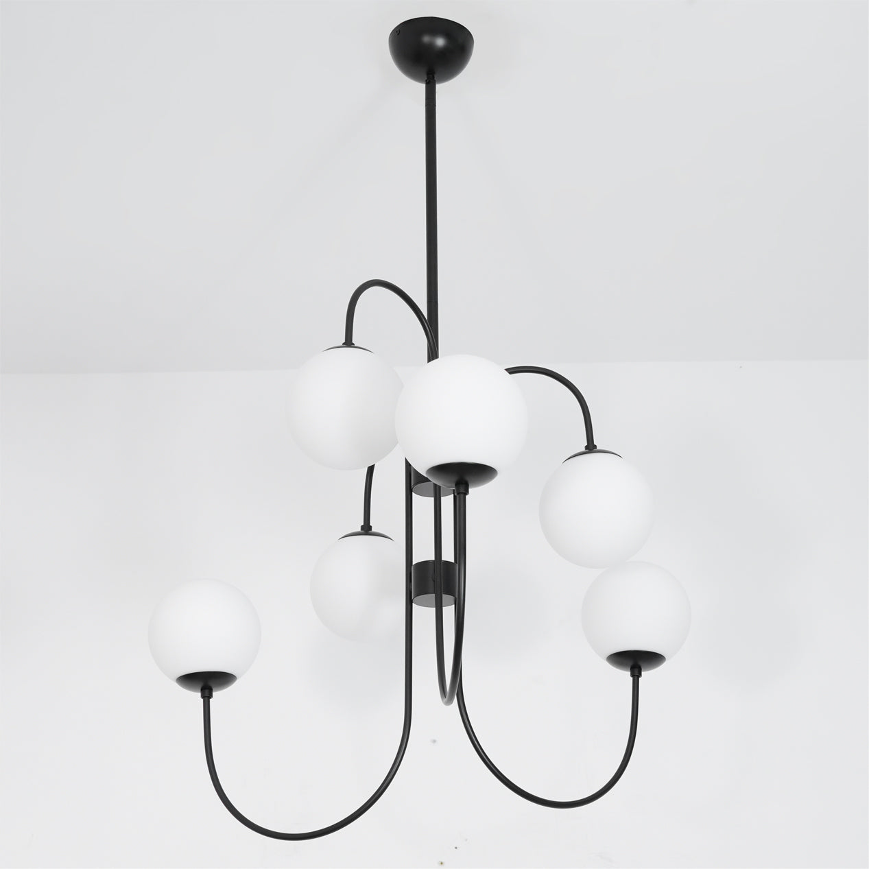 Gooseneck Chandelier | Salt-Blasted Glass Globes | Gold and Black