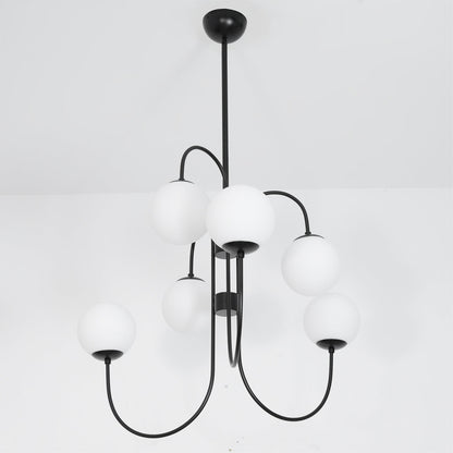 Gooseneck Chandelier | Salt-Blasted Glass Globes | Gold and Black