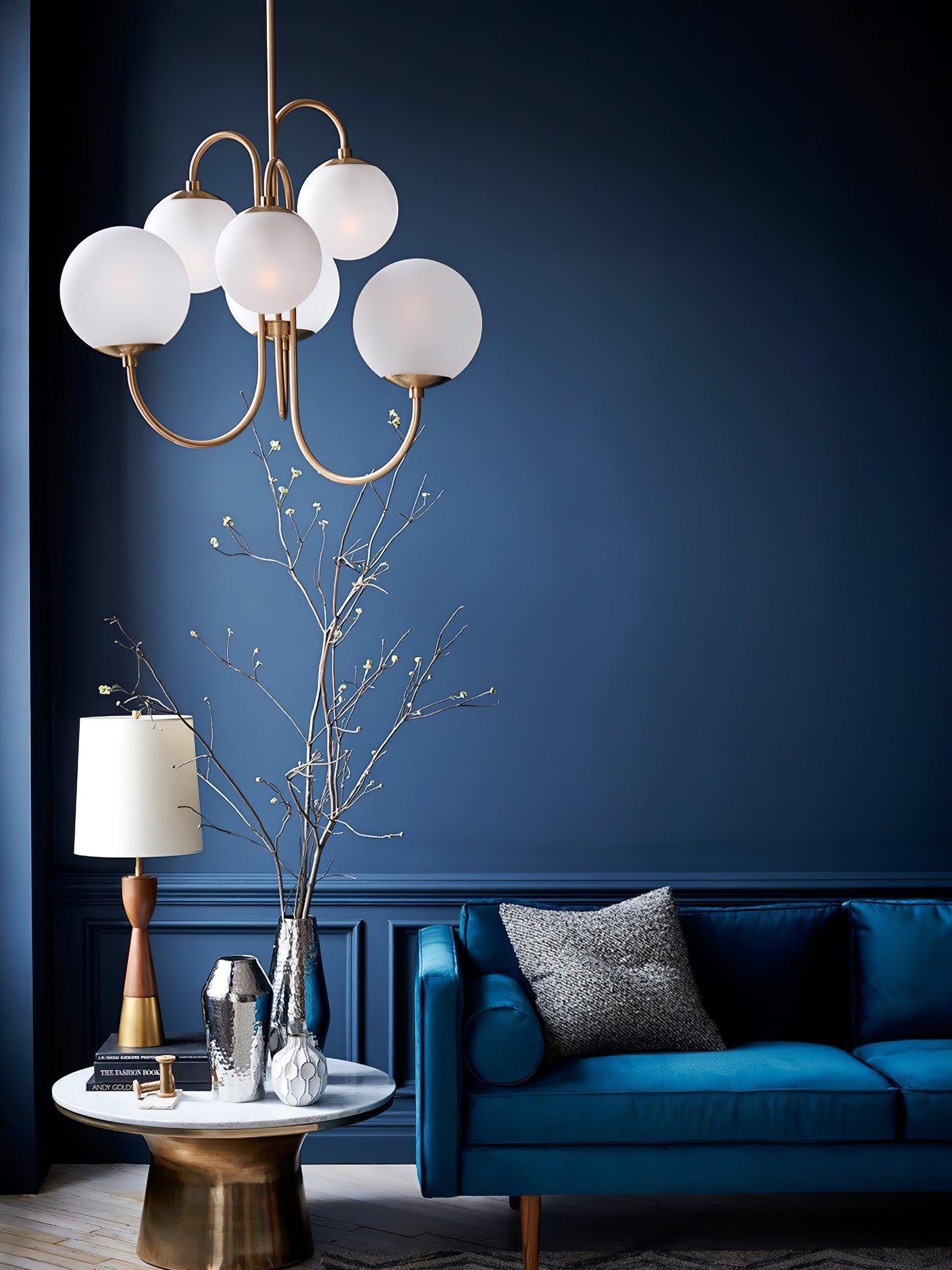 Gooseneck Chandelier | Salt-Blasted Glass Globes | Gold and Black