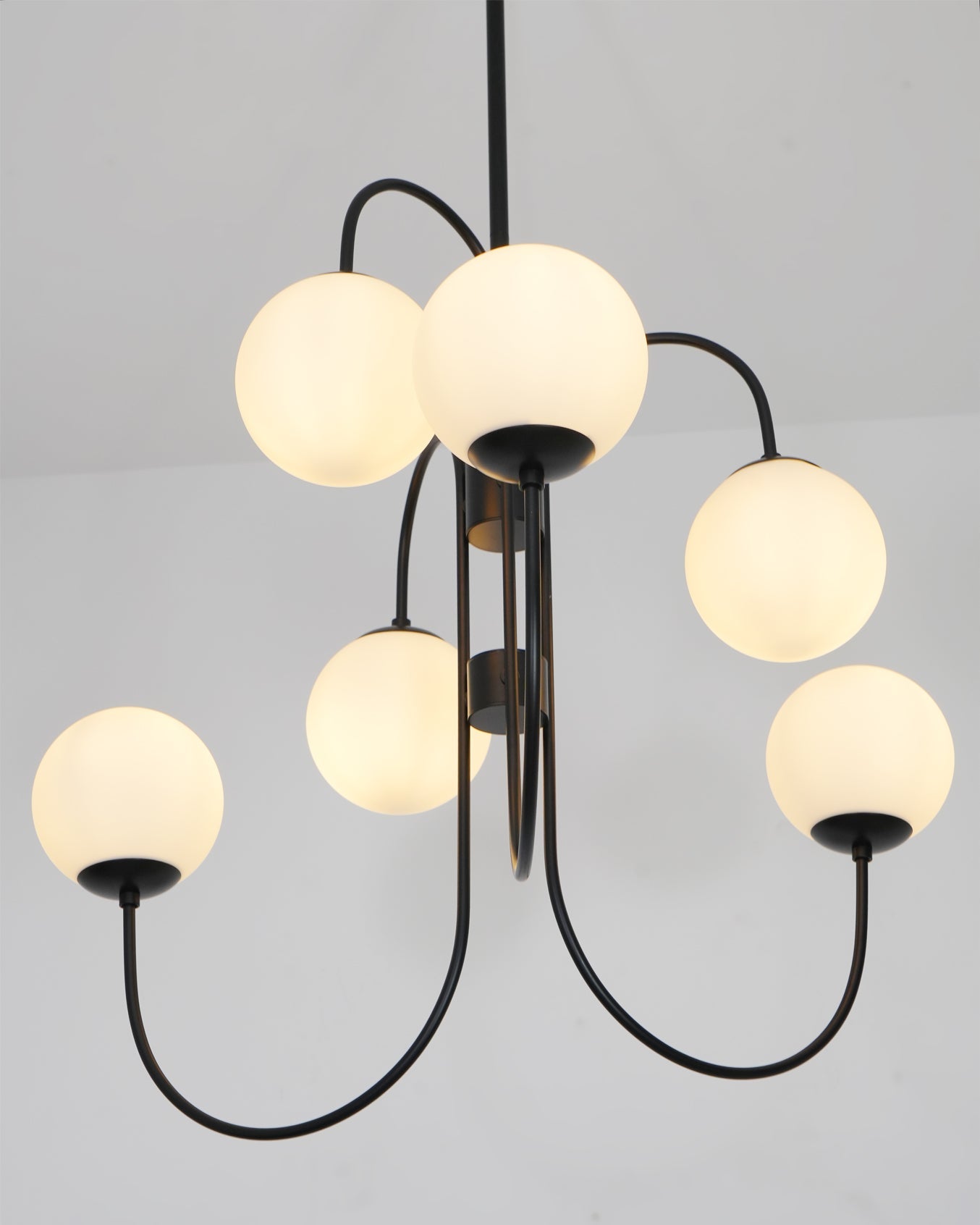 Gooseneck Chandelier | Salt-Blasted Glass Globes | Gold and Black