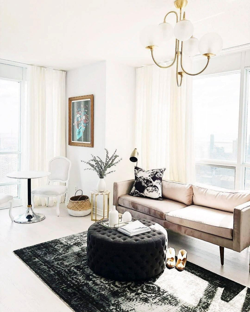 Gooseneck Chandelier | Salt-Blasted Glass Globes | Gold and Black