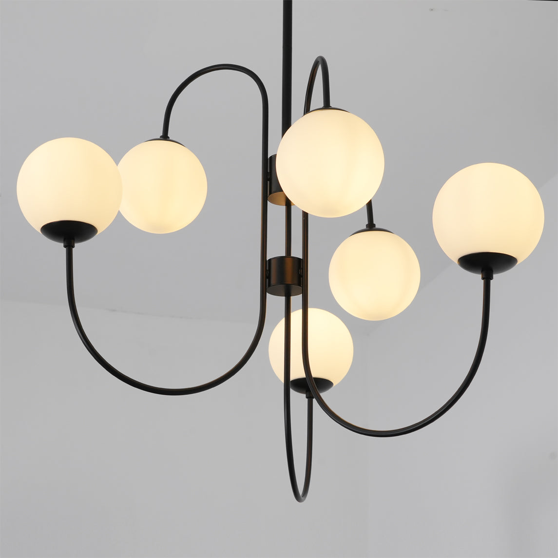 Gooseneck Chandelier | Salt-Blasted Glass Globes | Gold and Black