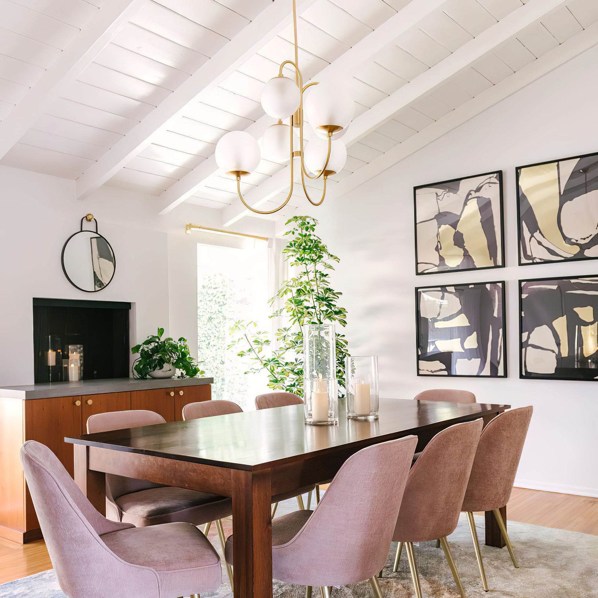 Gooseneck Chandelier | Salt-Blasted Glass Globes | Gold and Black