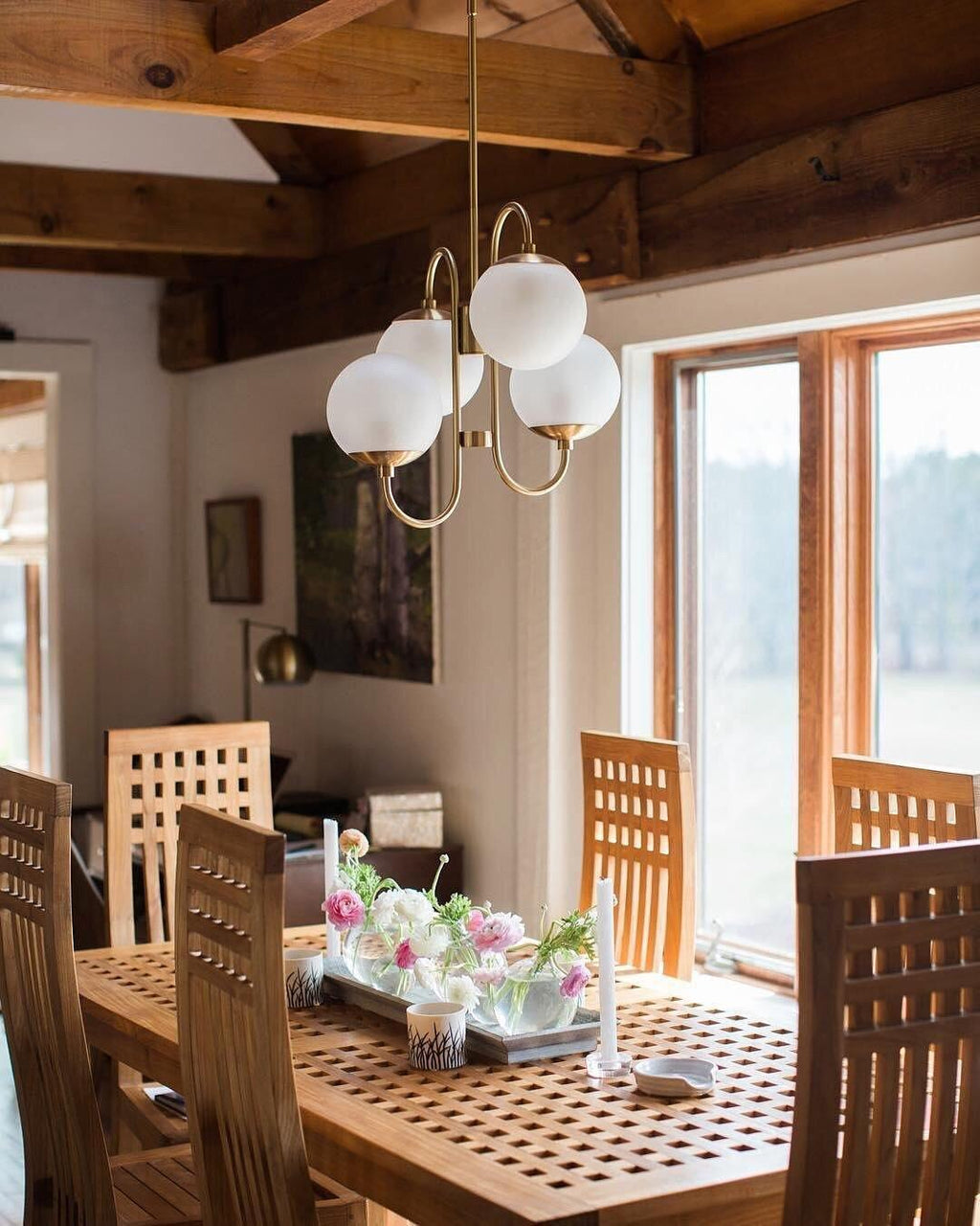 Gooseneck Chandelier | Salt-Blasted Glass Globes | Gold and Black