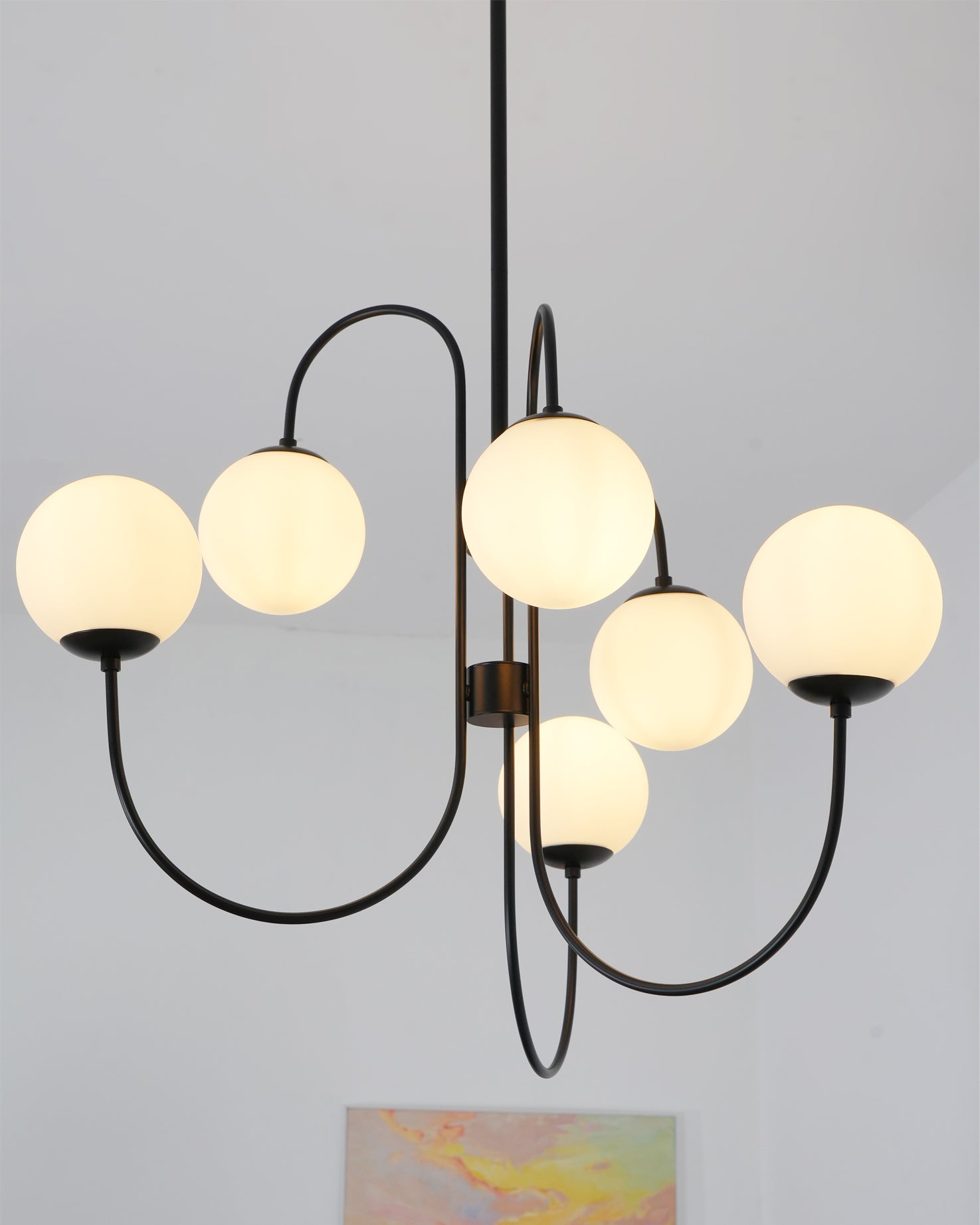 Gooseneck Chandelier | Salt-Blasted Glass Globes | Gold and Black
