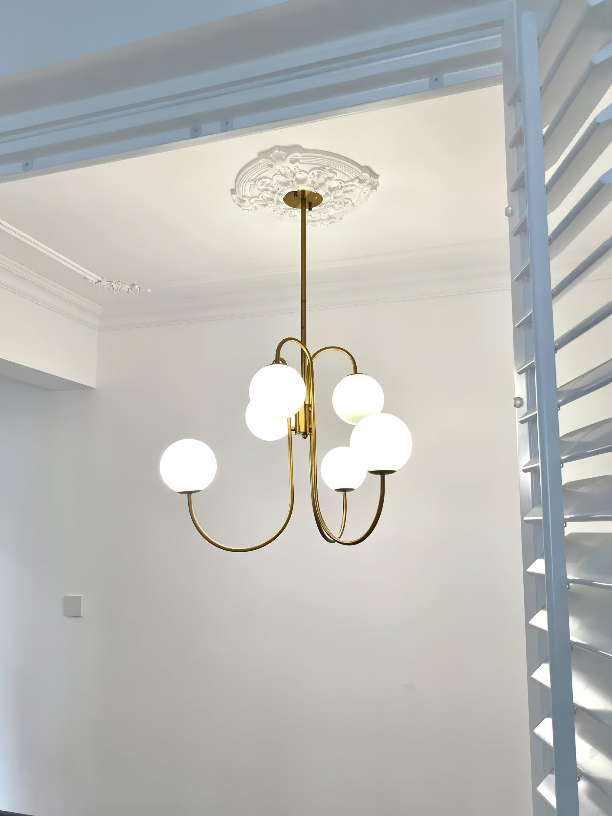 Gooseneck Chandelier | Salt-Blasted Glass Globes | Gold and Black