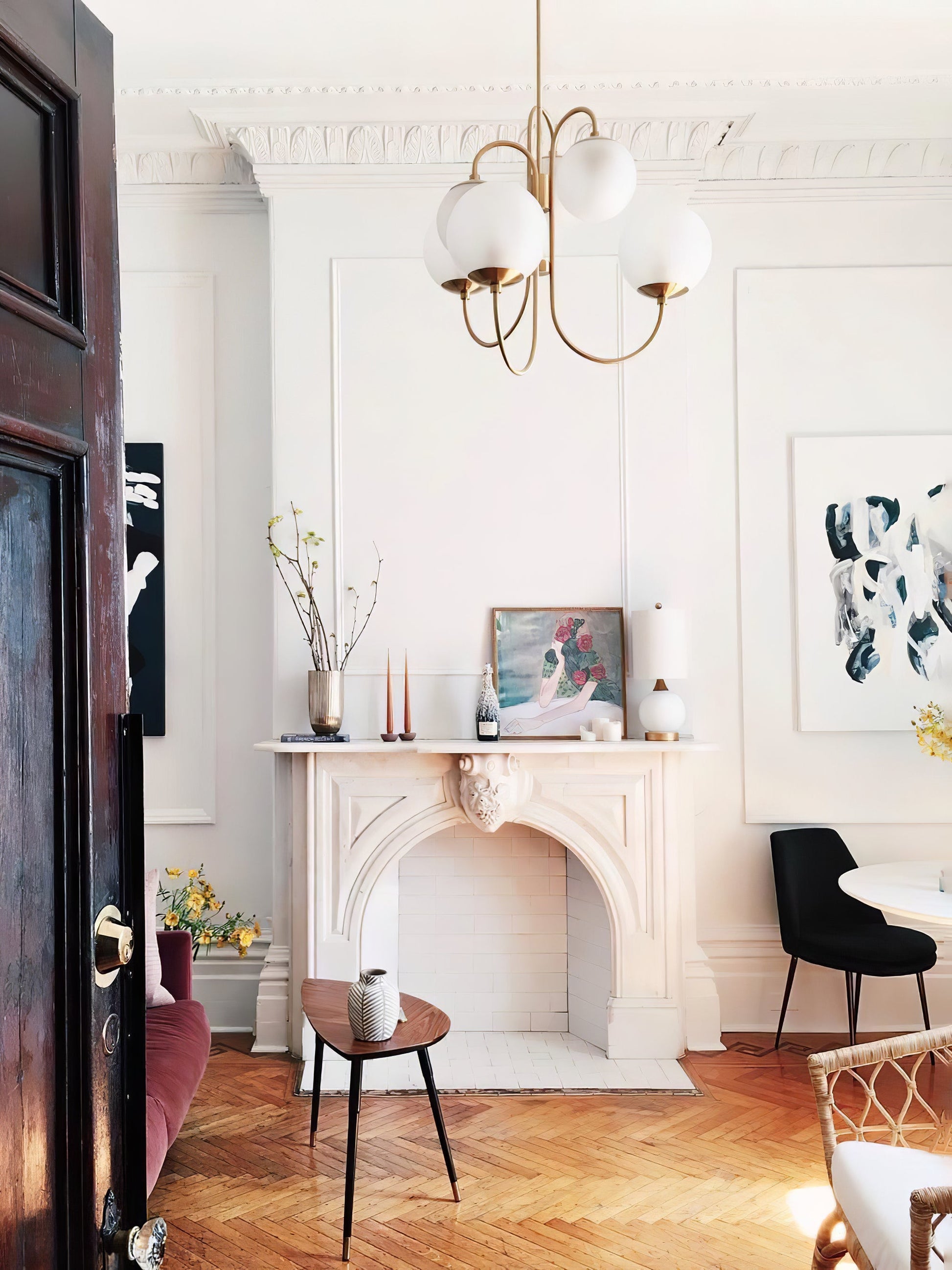 Gooseneck Chandelier | Salt-Blasted Glass Globes | Gold and Black