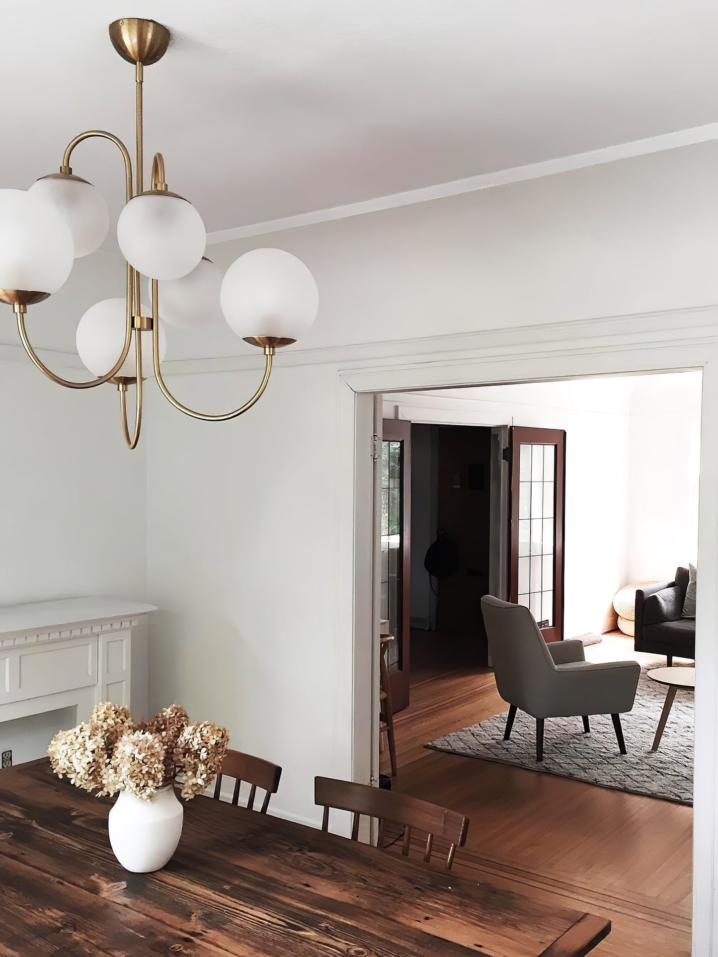 Gooseneck Chandelier | Salt-Blasted Glass Globes | Gold and Black