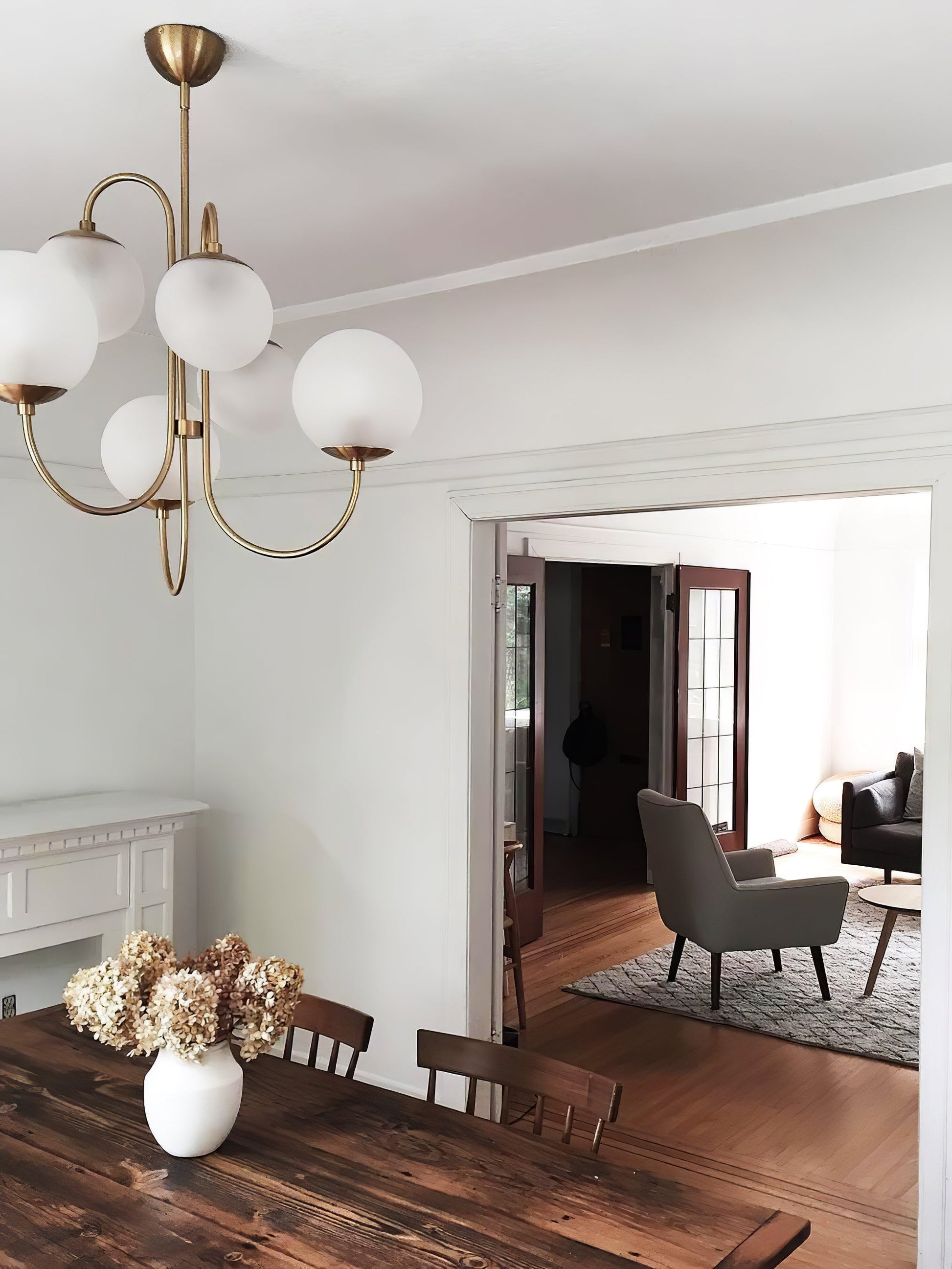 Gooseneck Chandelier | Salt-Blasted Glass Globes | Gold and Black