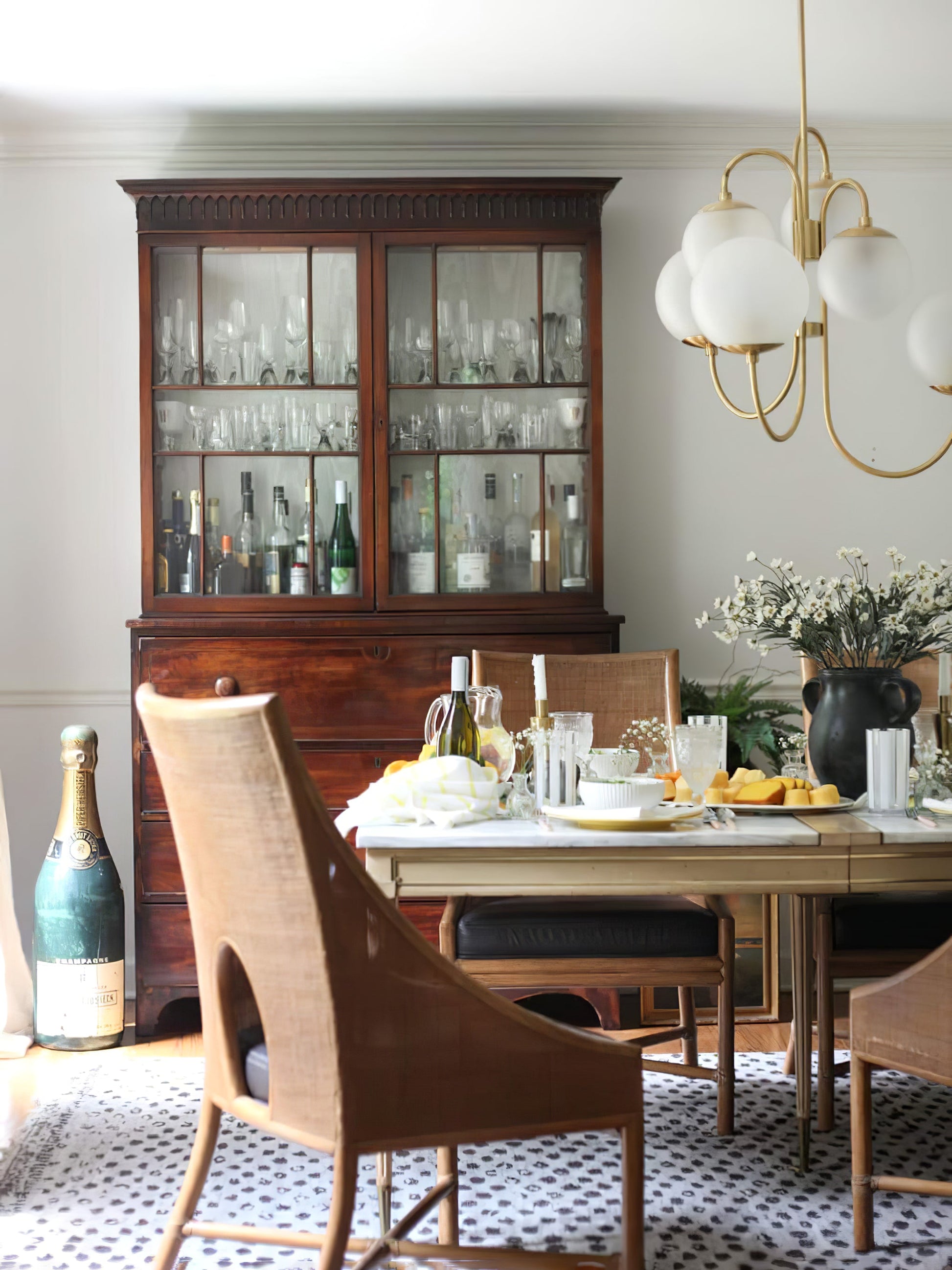 Gooseneck Chandelier | Salt-Blasted Glass Globes | Gold and Black