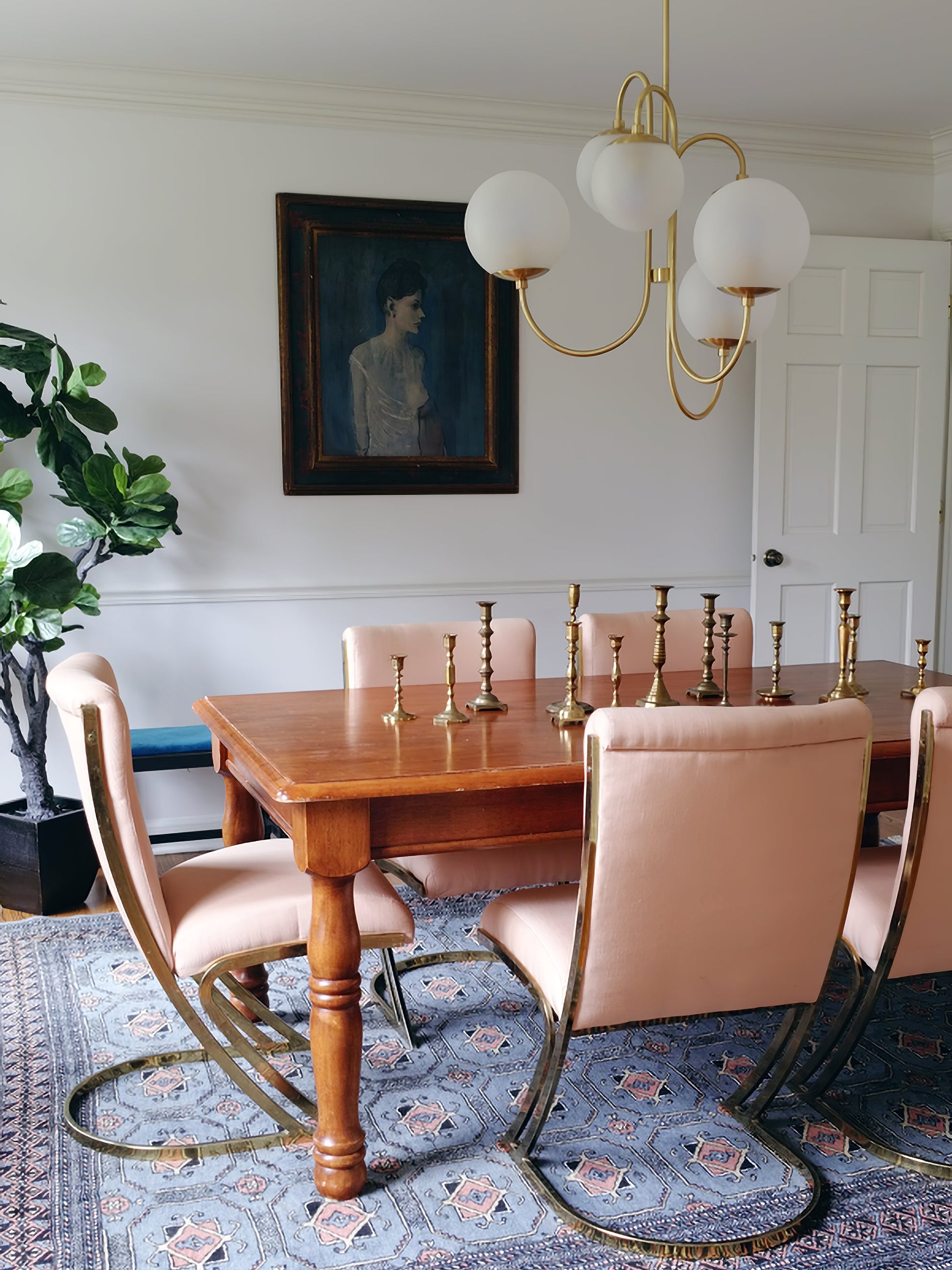 Gooseneck Chandelier | Salt-Blasted Glass Globes | Gold and Black