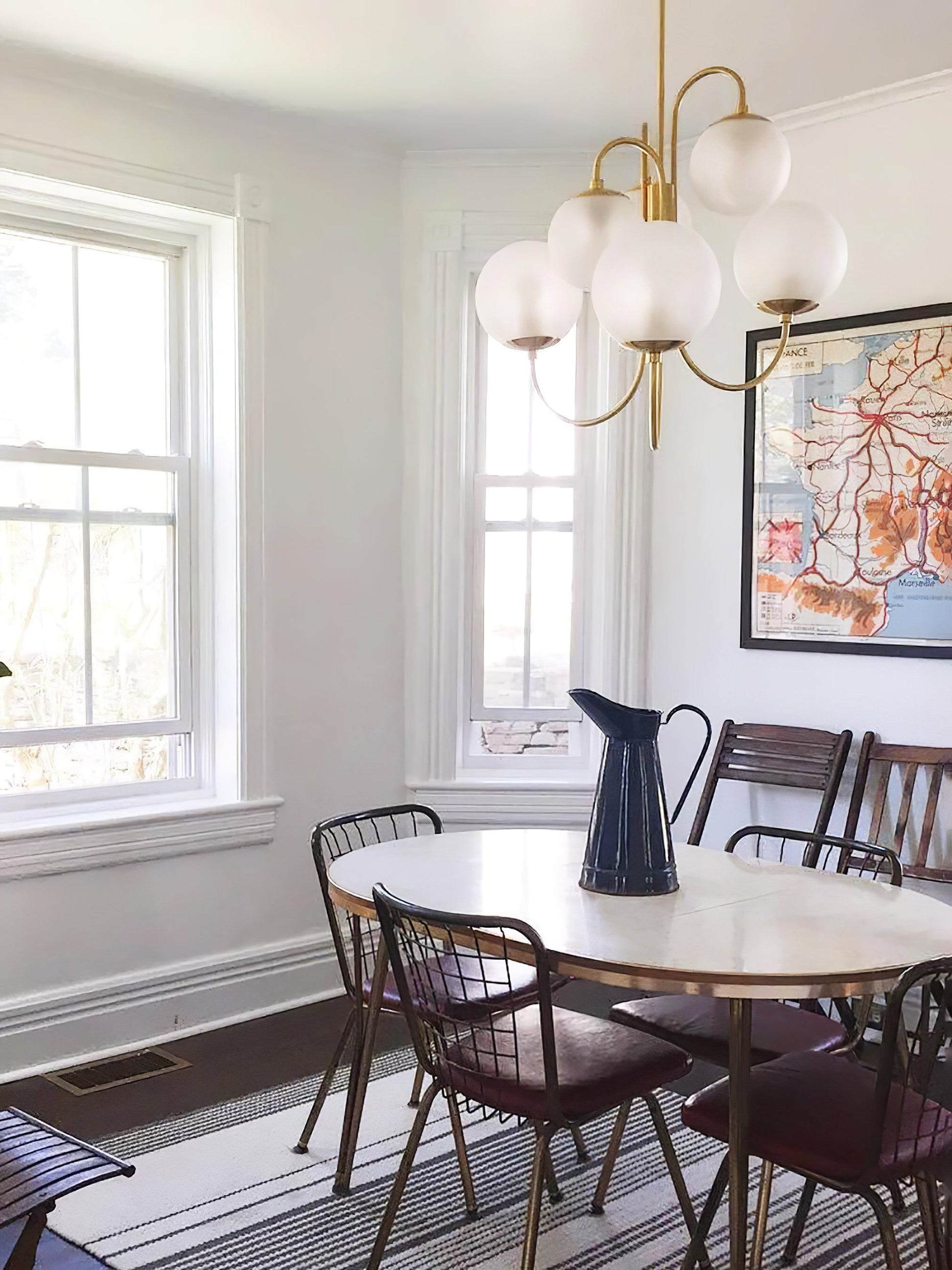 Gooseneck Chandelier | Salt-Blasted Glass Globes | Gold and Black