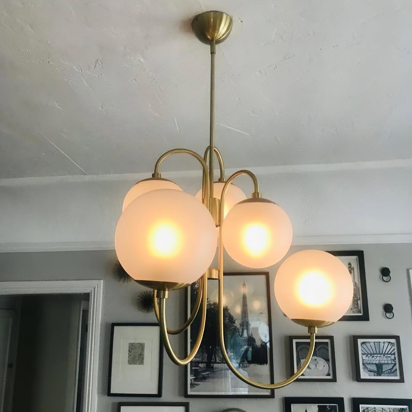 Gooseneck Chandelier | Salt-Blasted Glass Globes | Gold and Black
