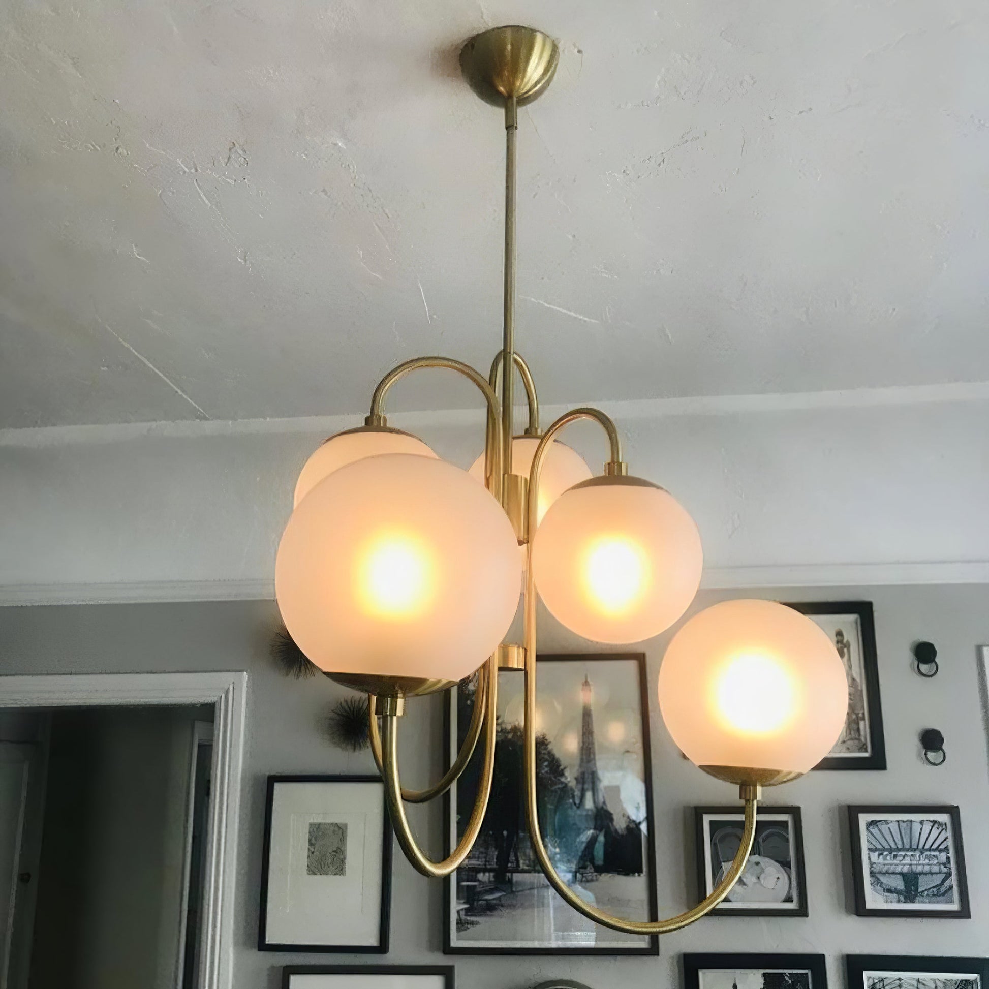 Gooseneck Chandelier | Salt-Blasted Glass Globes | Gold and Black