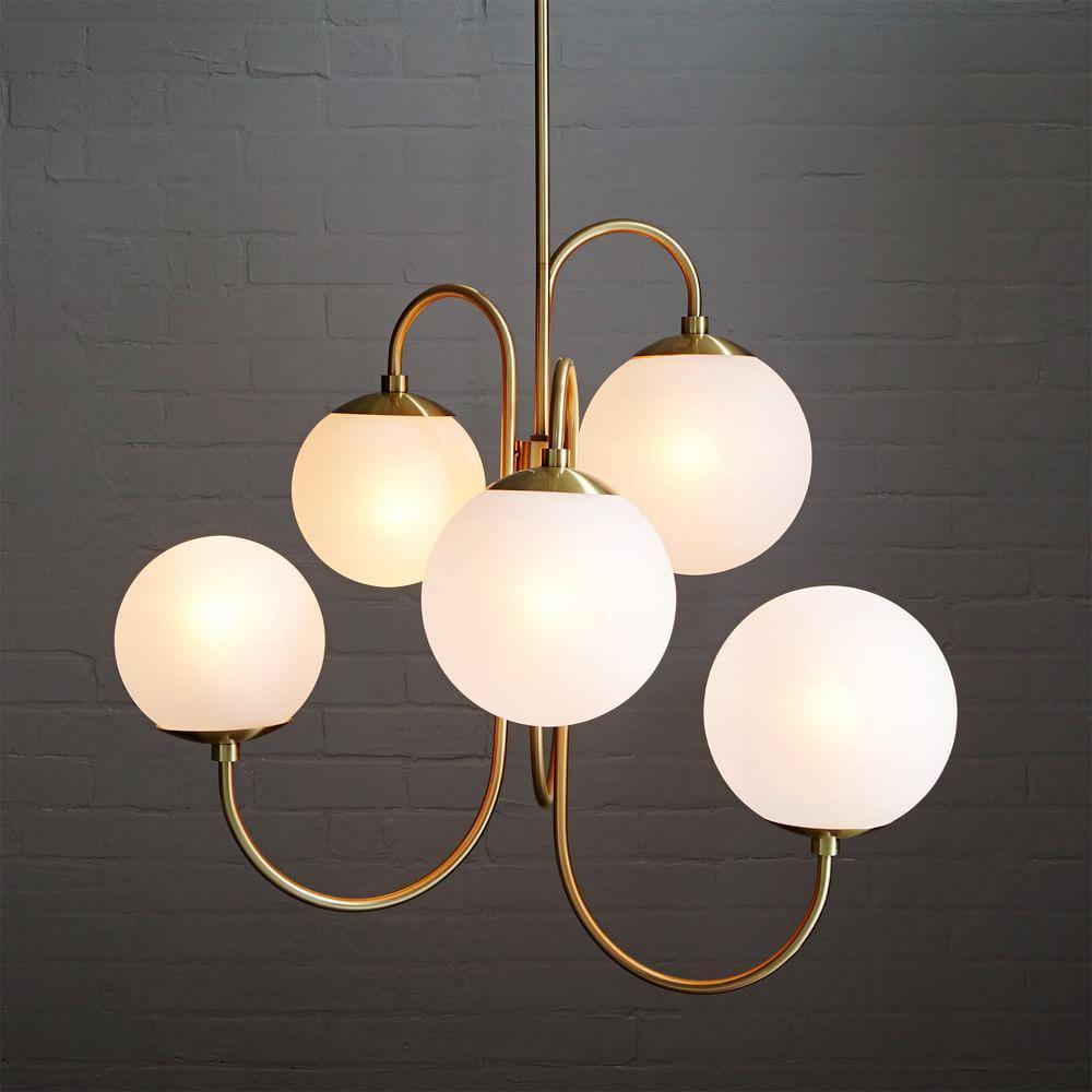 Gooseneck Chandelier | Salt-Blasted Glass Globes | Gold and Black