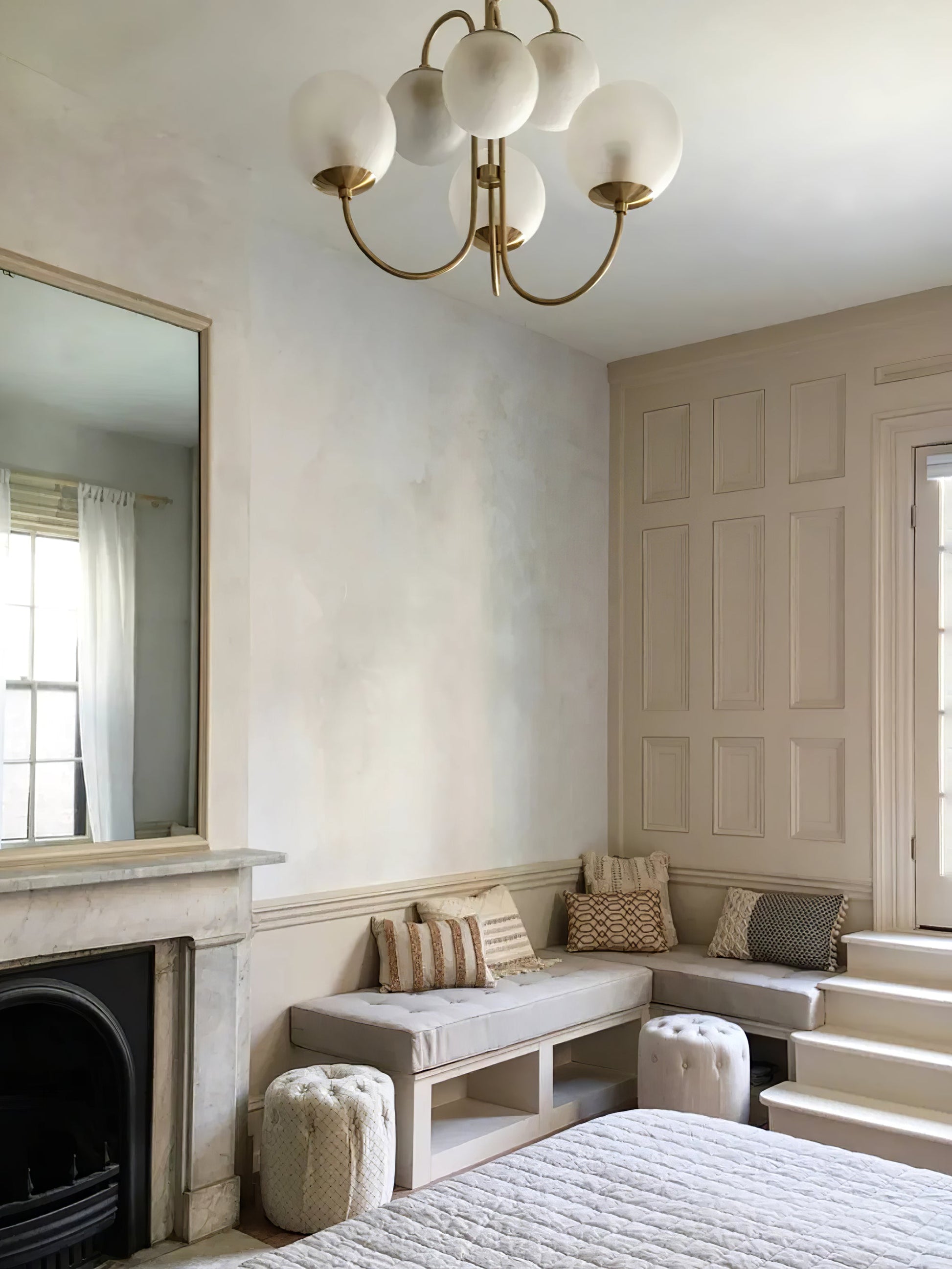 Gooseneck Chandelier | Salt-Blasted Glass Globes | Gold and Black