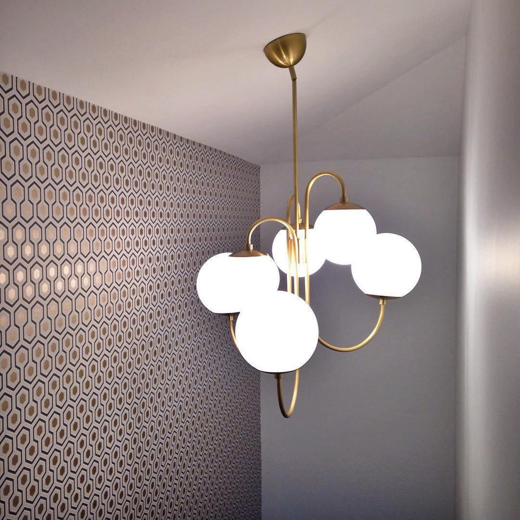 Gooseneck Chandelier | Salt-Blasted Glass Globes | Gold and Black