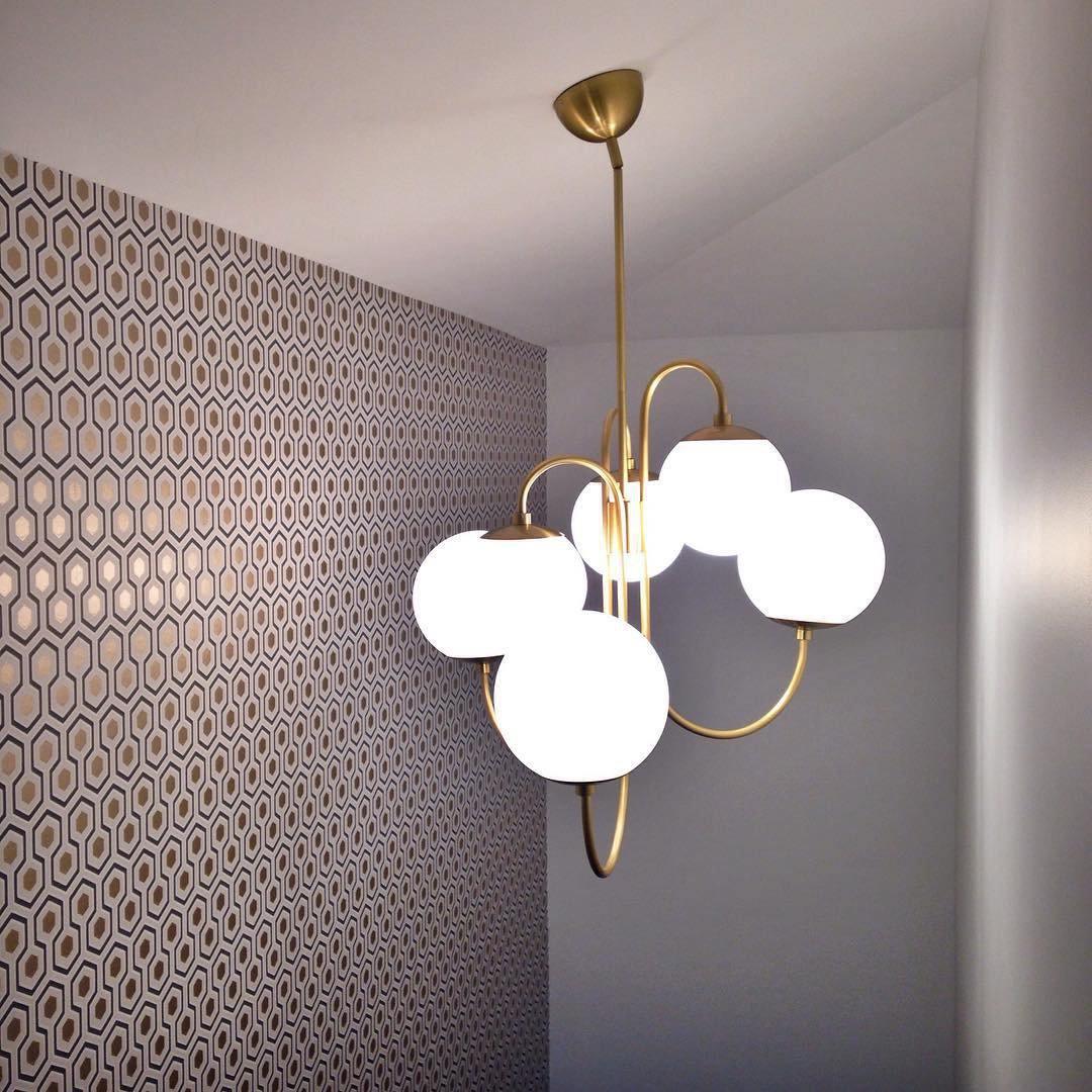 Gooseneck Chandelier | Salt-Blasted Glass Globes | Gold and Black