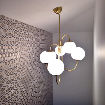 Gooseneck Chandelier | Salt-Blasted Glass Globes | Gold and Black