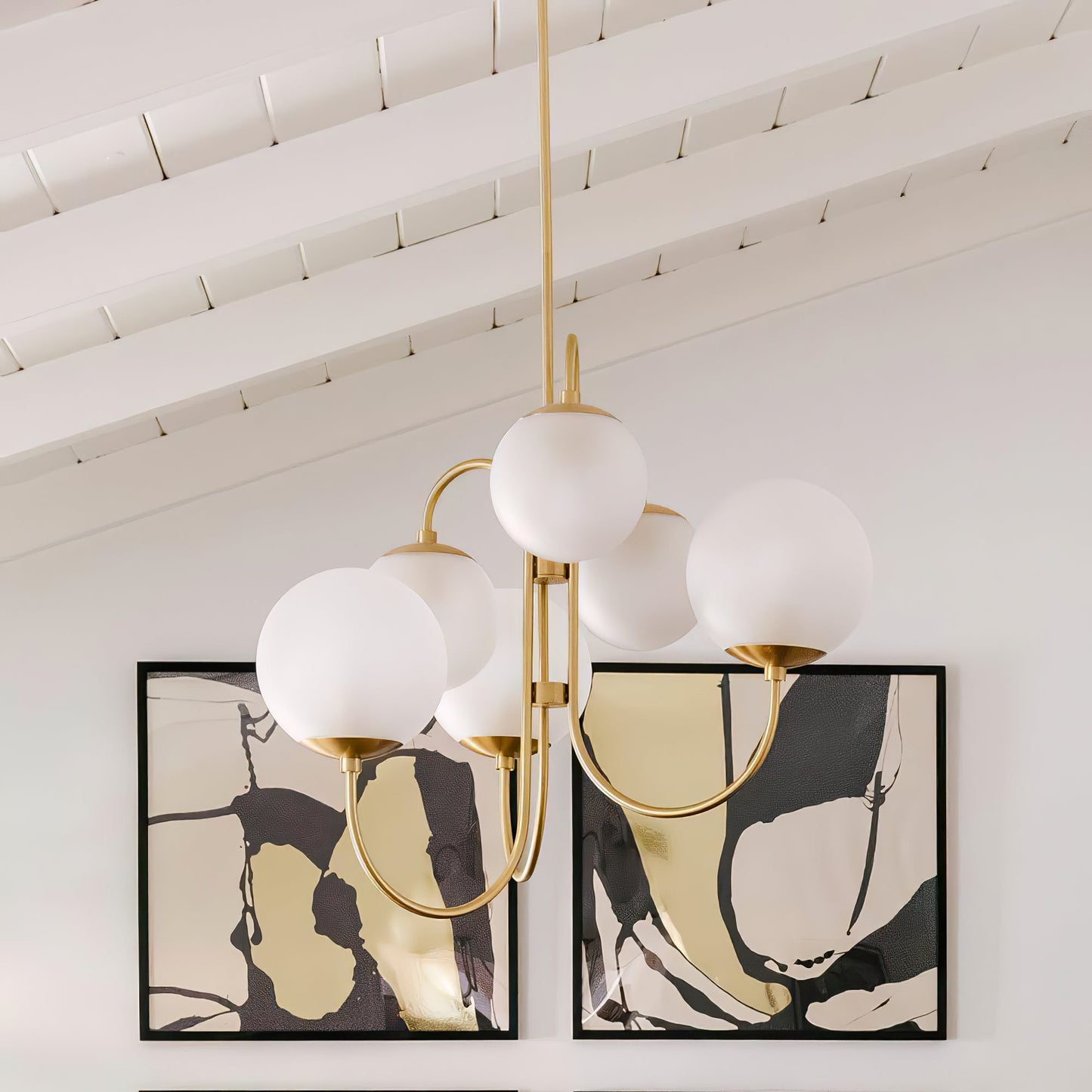 Gooseneck Chandelier | Salt-Blasted Glass Globes | Gold and Black