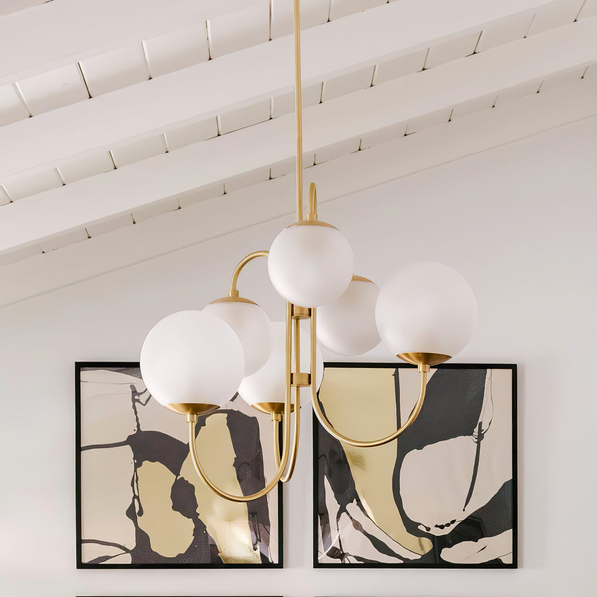 Gooseneck Chandelier | Salt-Blasted Glass Globes | Gold and Black