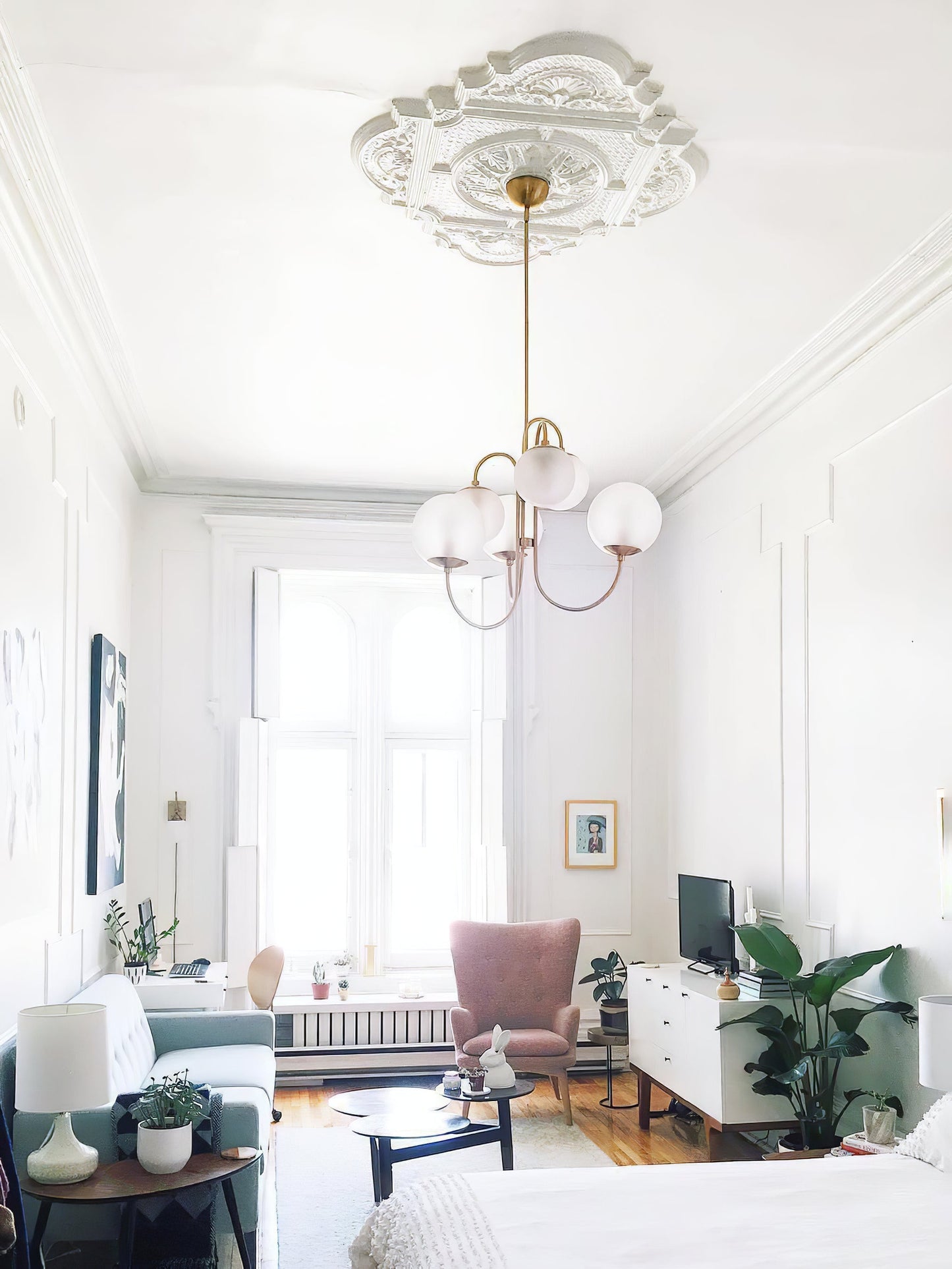 Gooseneck Chandelier | Salt-Blasted Glass Globes | Gold and Black