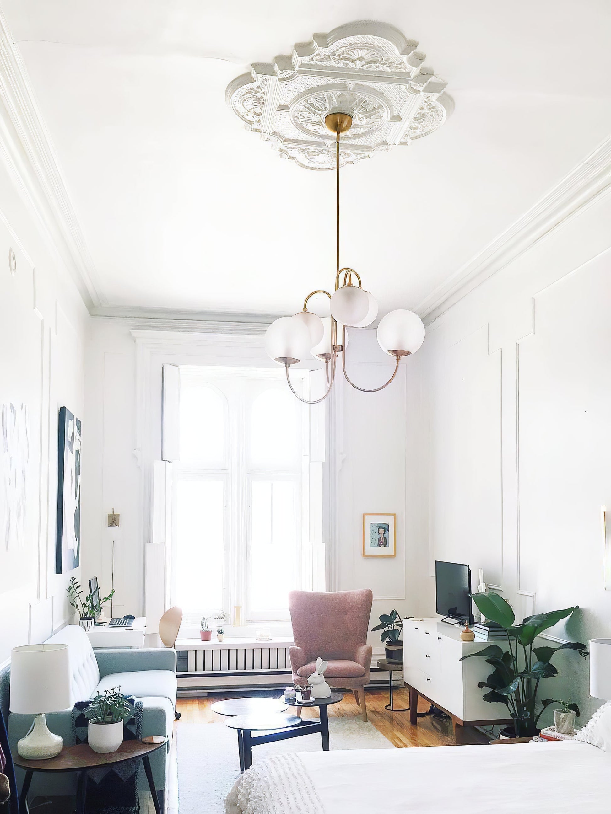 Gooseneck Chandelier | Salt-Blasted Glass Globes | Gold and Black