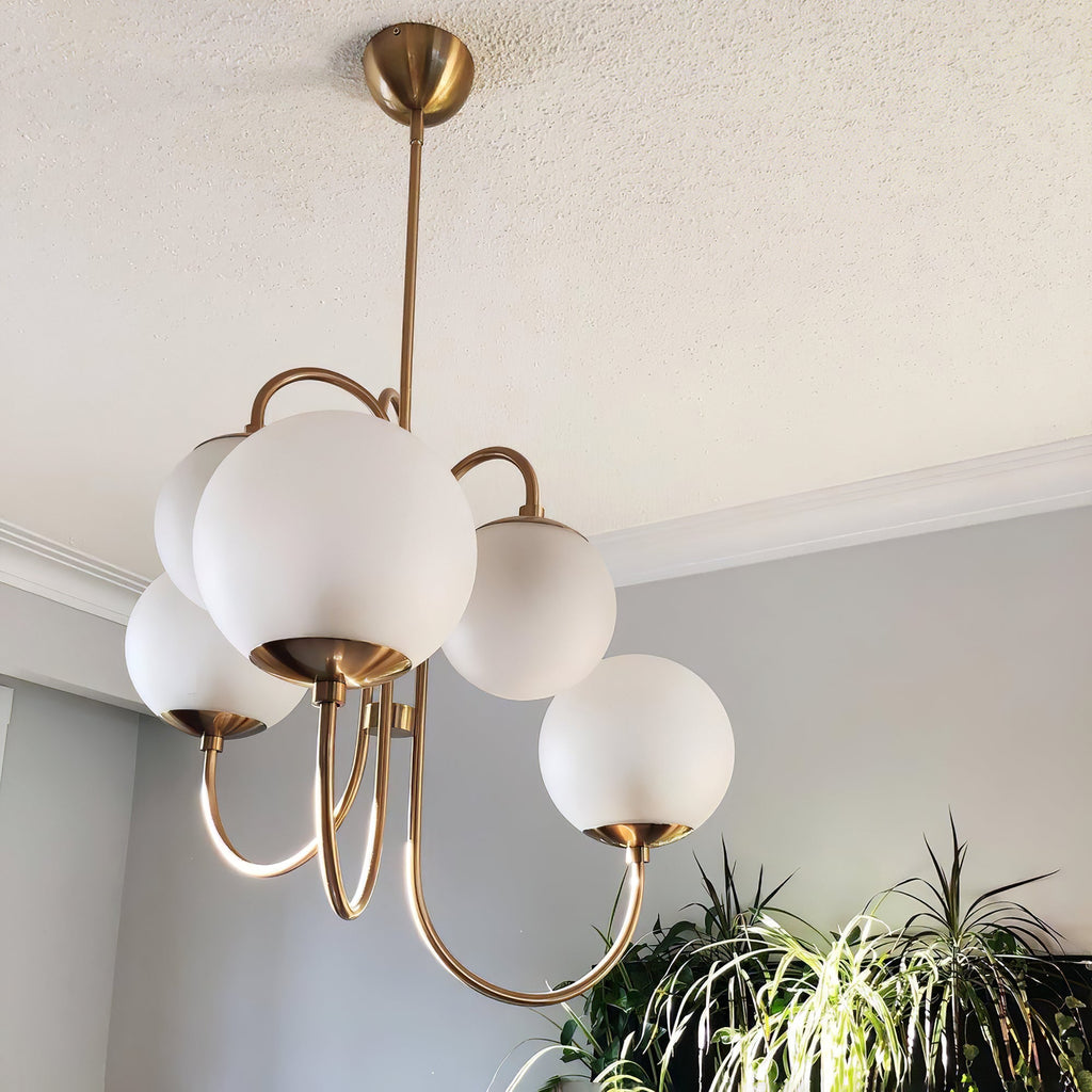 Gooseneck Chandelier | Salt-Blasted Glass Globes | Gold and Black