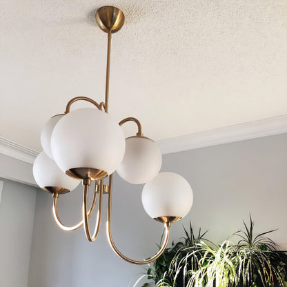 Gooseneck Chandelier | Salt-Blasted Glass Globes | Gold and Black