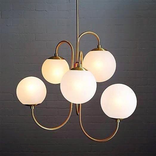 Gooseneck Chandelier | Salt-Blasted Glass Globes | Gold and Black