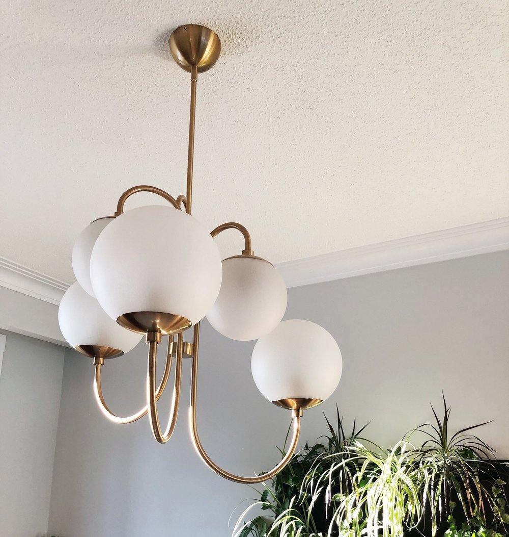 Gooseneck Chandelier | Salt-Blasted Glass Globes | Gold and Black