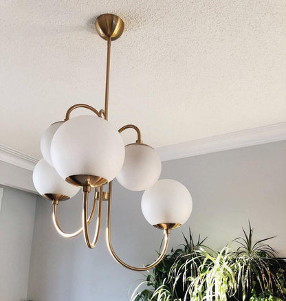 Gooseneck Chandelier | Salt-Blasted Glass Globes | Gold and Black