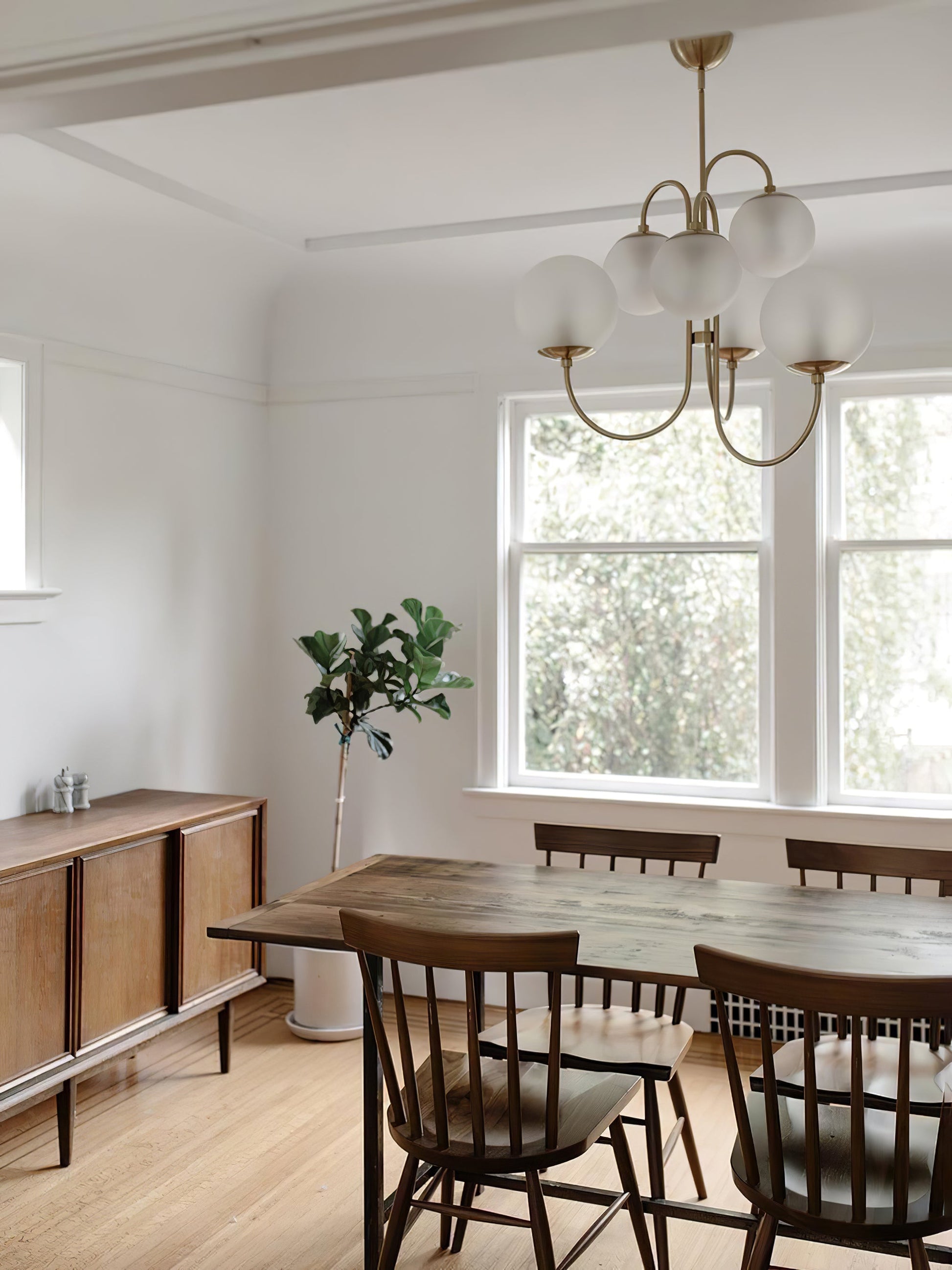 Gooseneck Chandelier | Salt-Blasted Glass Globes | Gold and Black