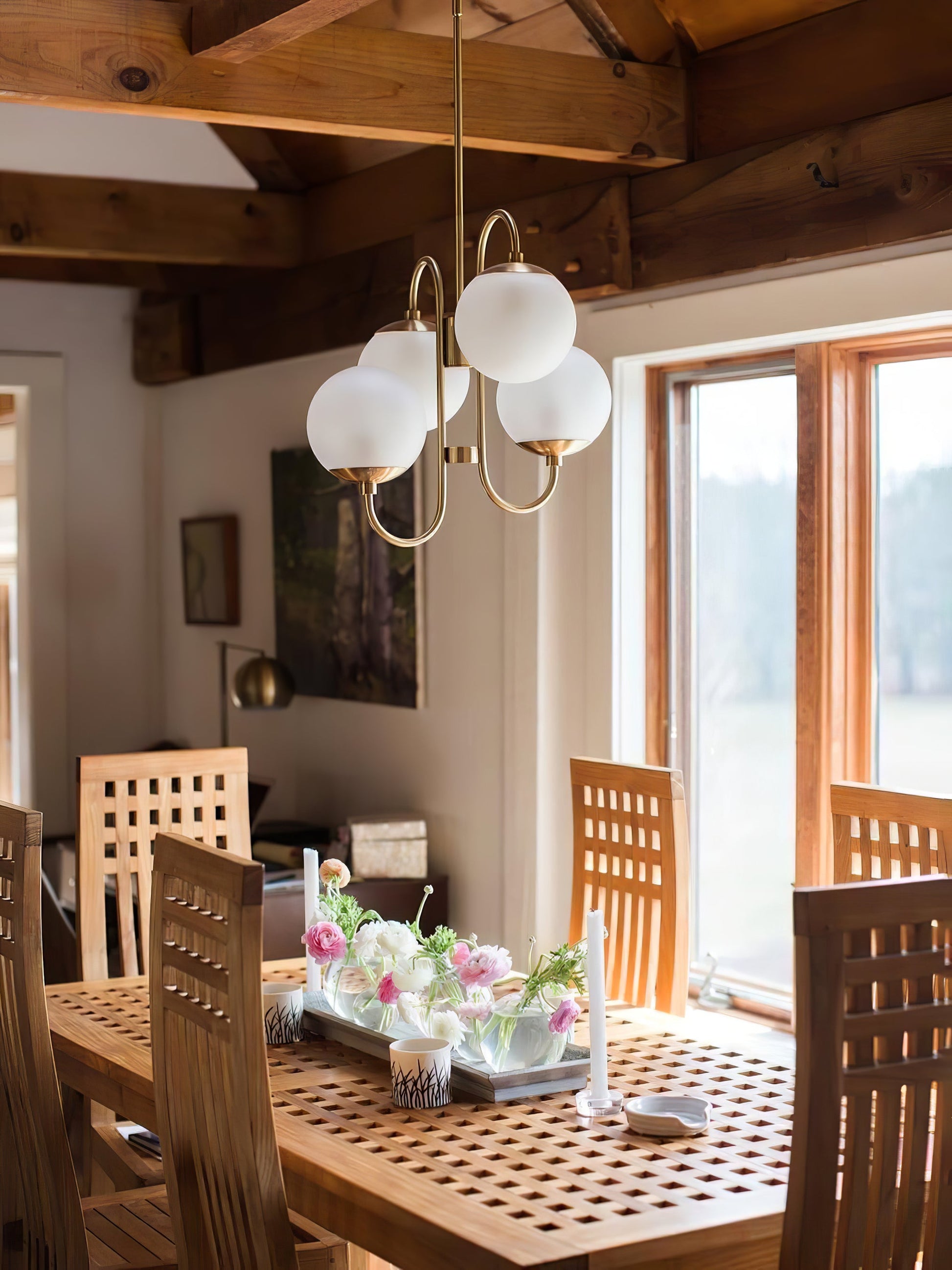 Gooseneck Chandelier | Salt-Blasted Glass Globes | Gold and Black