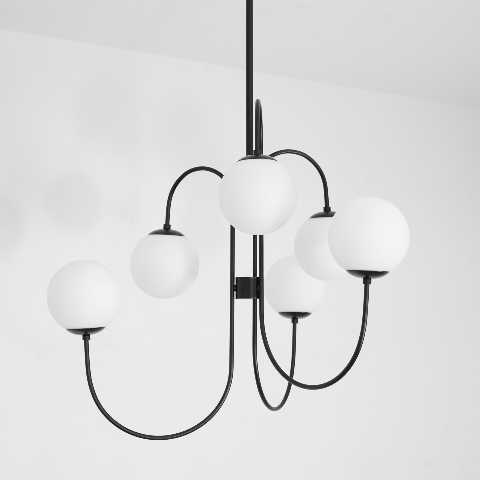 Gooseneck Chandelier | Salt-Blasted Glass Globes | Gold and Black