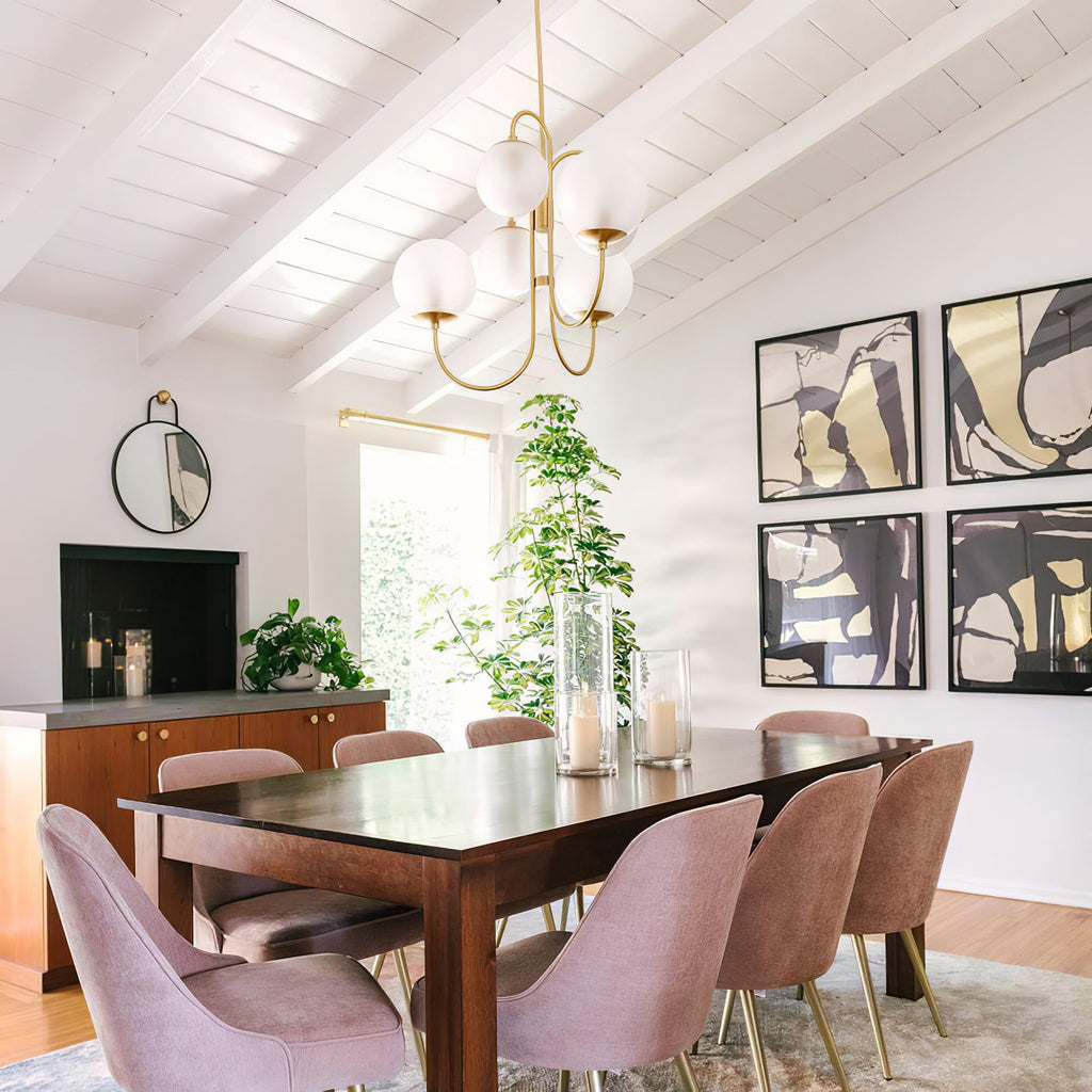 Gooseneck Chandelier | Salt-Blasted Glass Globes | Gold and Black